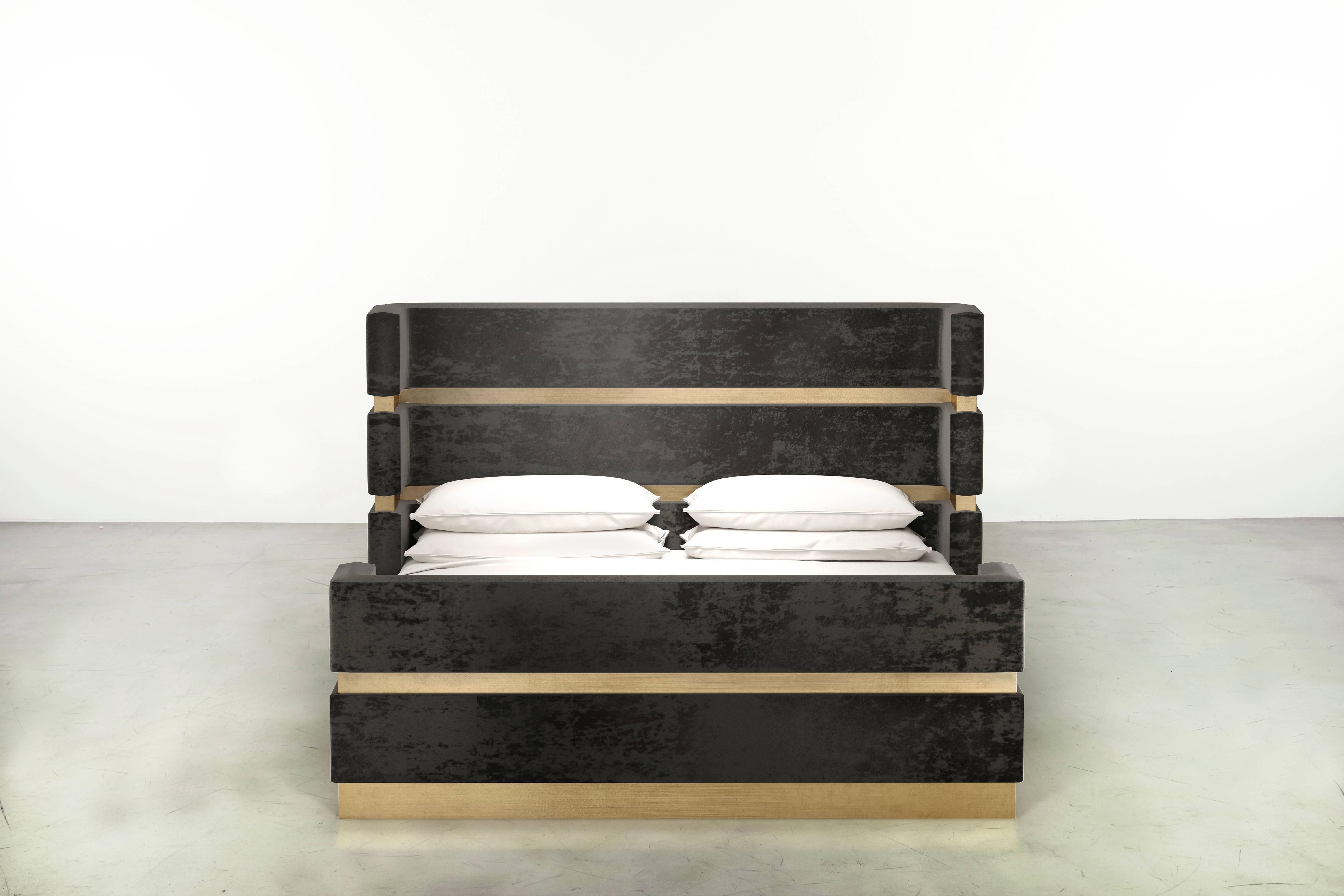 The Cardin Bed features layers of upholstery and metal inlay to create a minimal and modern bedroom statement.  Available in King, Cali King, Queen or Twin size.  Headboard and Footboard height customization also available.  Fully custom and made to