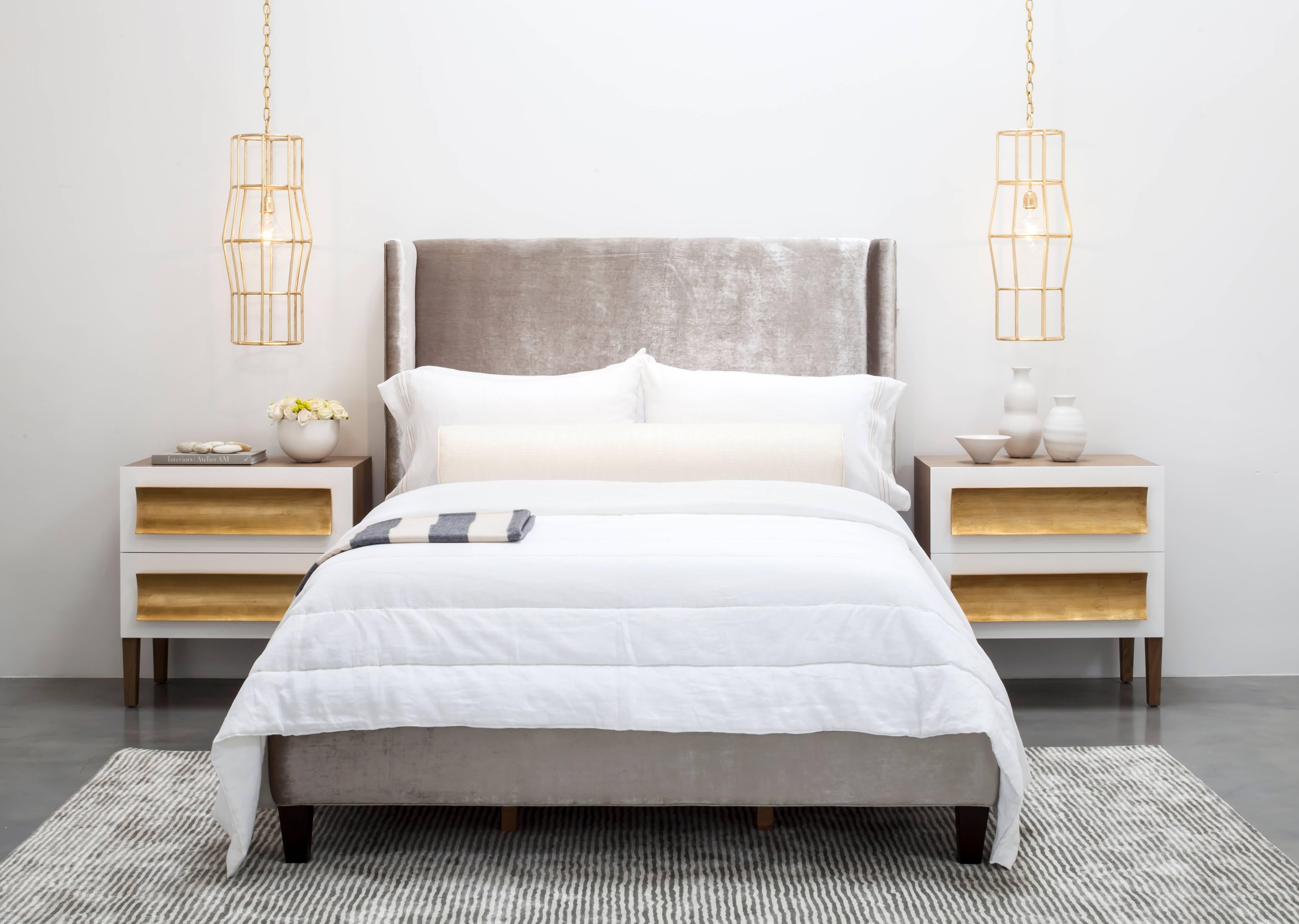 The Masters Bed is a modern bed featuring a fully upholstered headboard and frame featuring a wing back design detail.  Available in King, Cali King, Queen or Twin sizes.  Fully custom and made to order in California. As shown in Queen size in