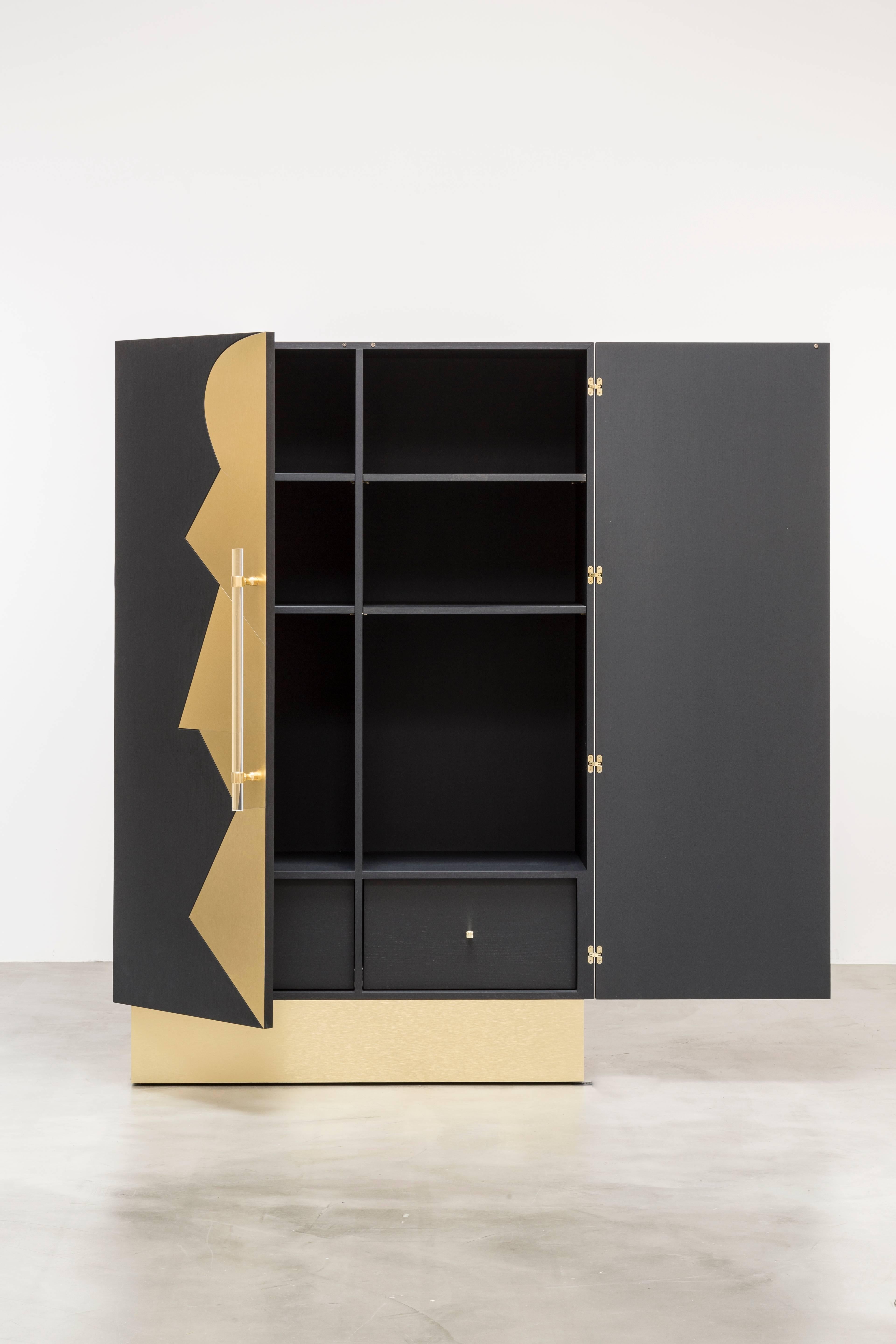 Moderne COCO CABINET - Armoire moderne en chêne ébène avec incrustations en laiton et poignées en acrylique en vente