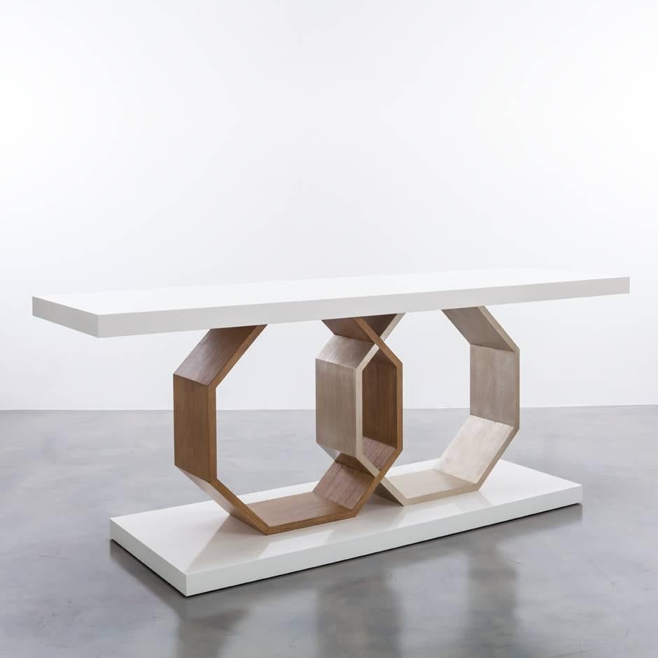 American MILA CONSOLE TABLE - Modern Console with Mixed Wood Finish and Octagon Details For Sale