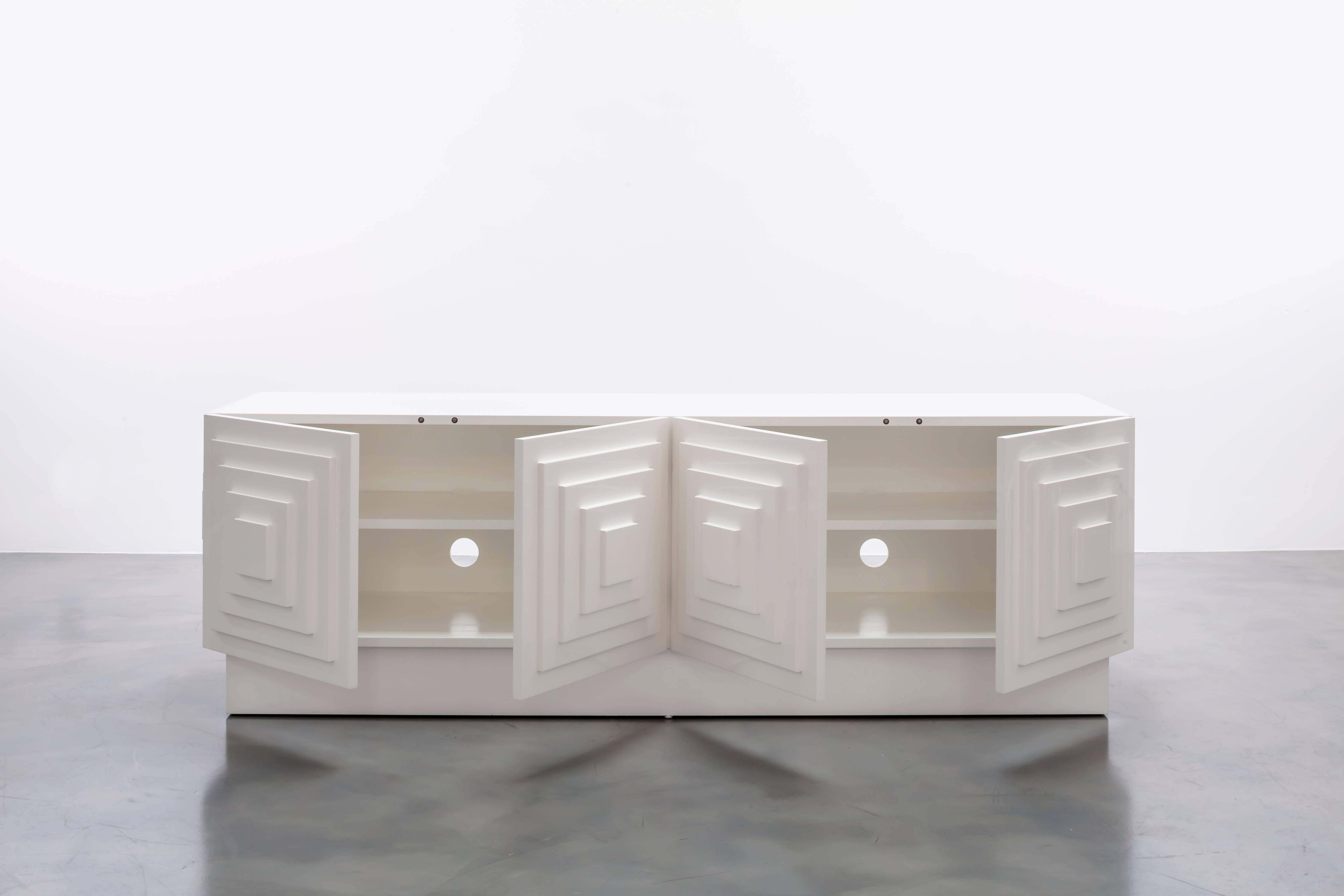 American GAULTIER MEDIA CREDENZA - Modern Geometric Cabinet in White Lacquer For Sale