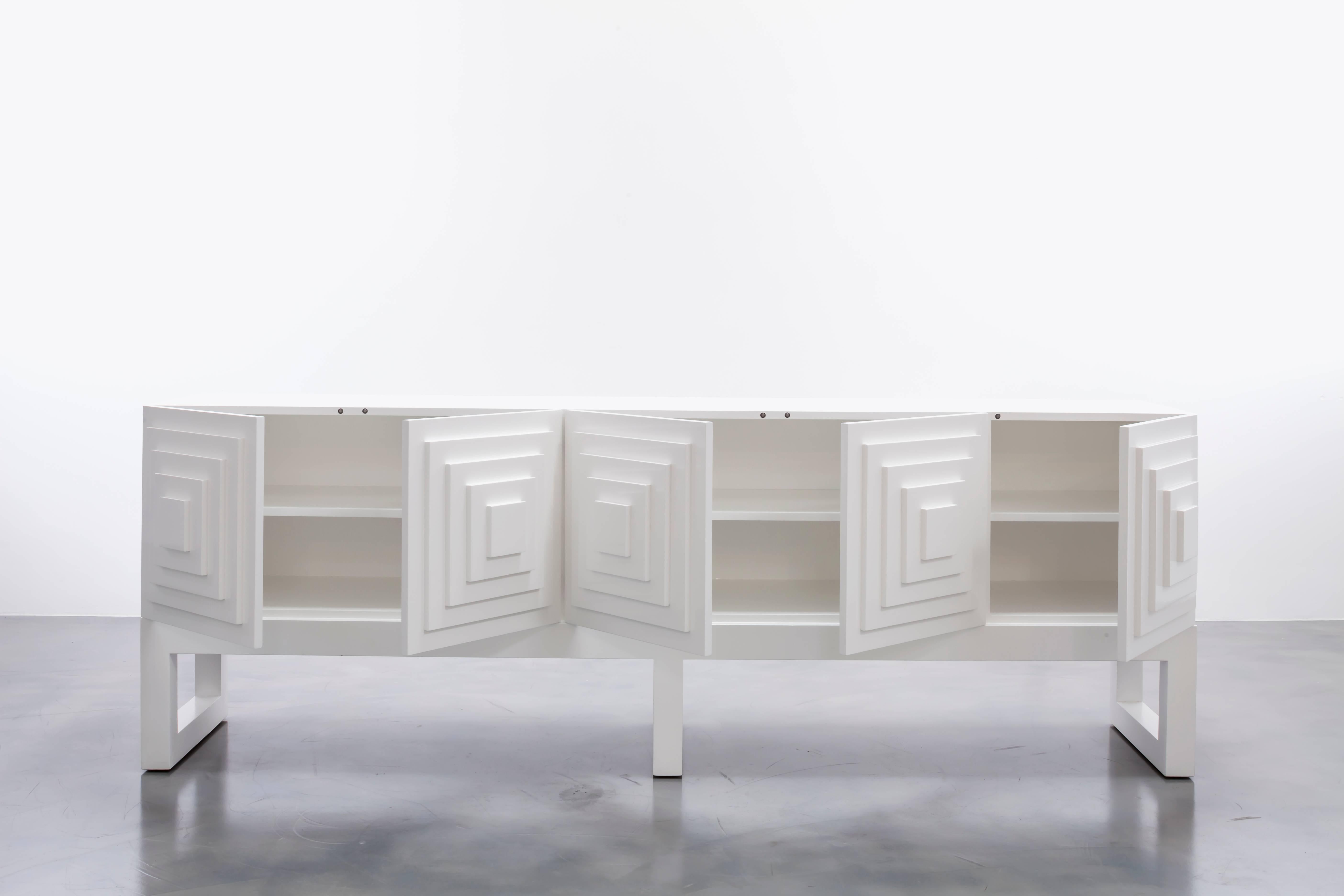 American GAULTIER CREDENZA - Modern geometric cabinet in white lacquer finish For Sale