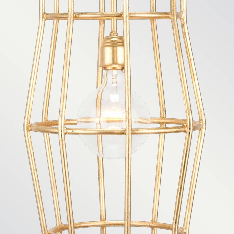 The Halston pendant features a gold leafed over iron cage like design. Light bulbs: 1 clear globe g40 standard base 60 watt max (not included). Fully custom and made to order in California. UL Listed.
 