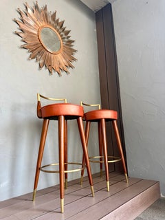 Pair of Sculptural Mid-Century Modern Wood, Brass and Leather Bar Stools