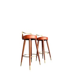Pair of Sculptural Mid-Century Modern Wood, Brass and Leather Bar Stools