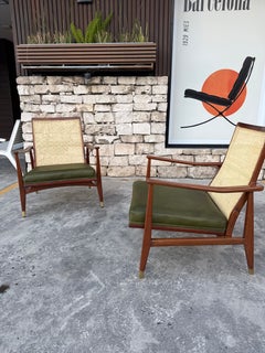 Pair of Mid-Century Modern Caned Lounge Chairs with Green Leather, circa 1960