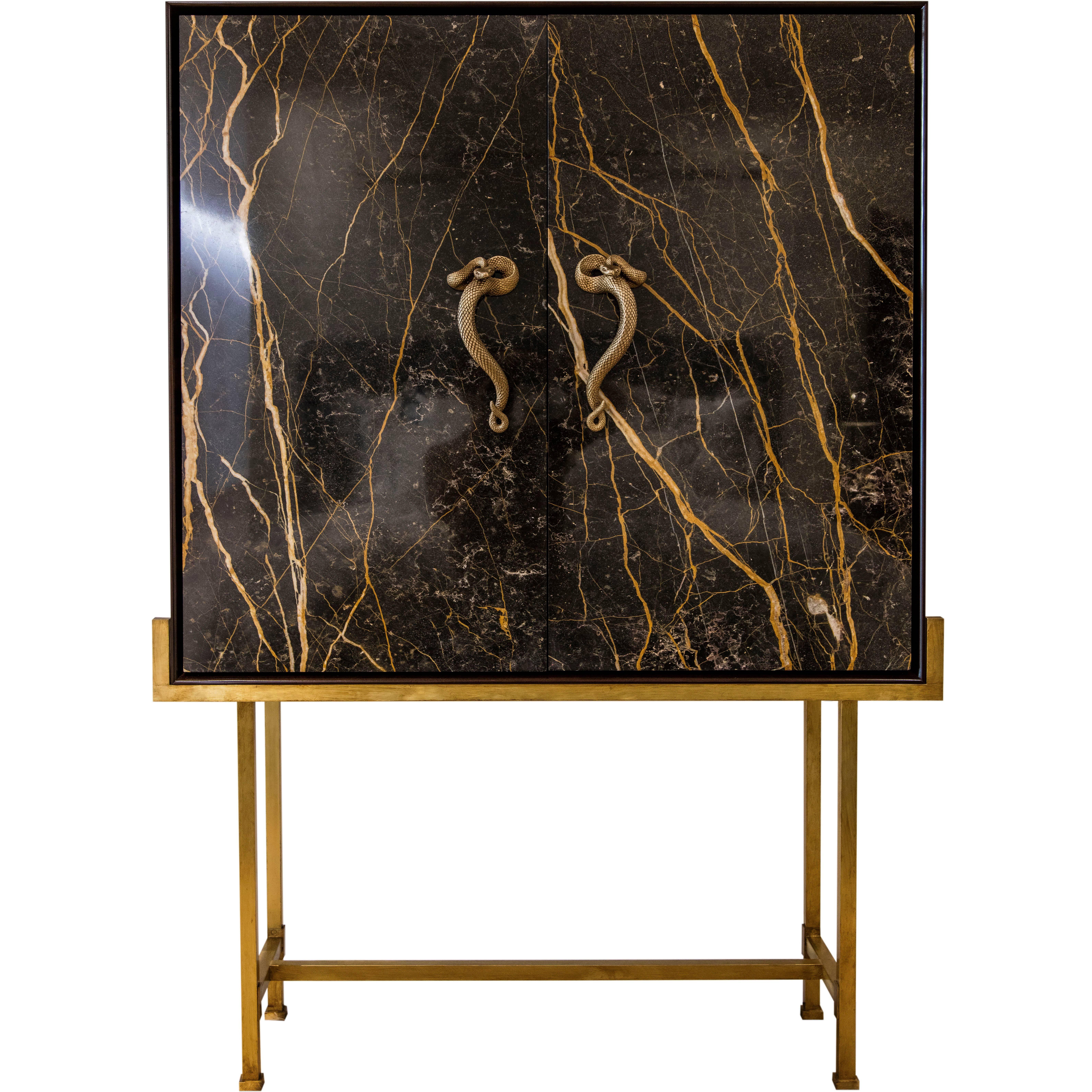Bar Cabinet in Black Port Laurent Marble, Wood, Solid Brass