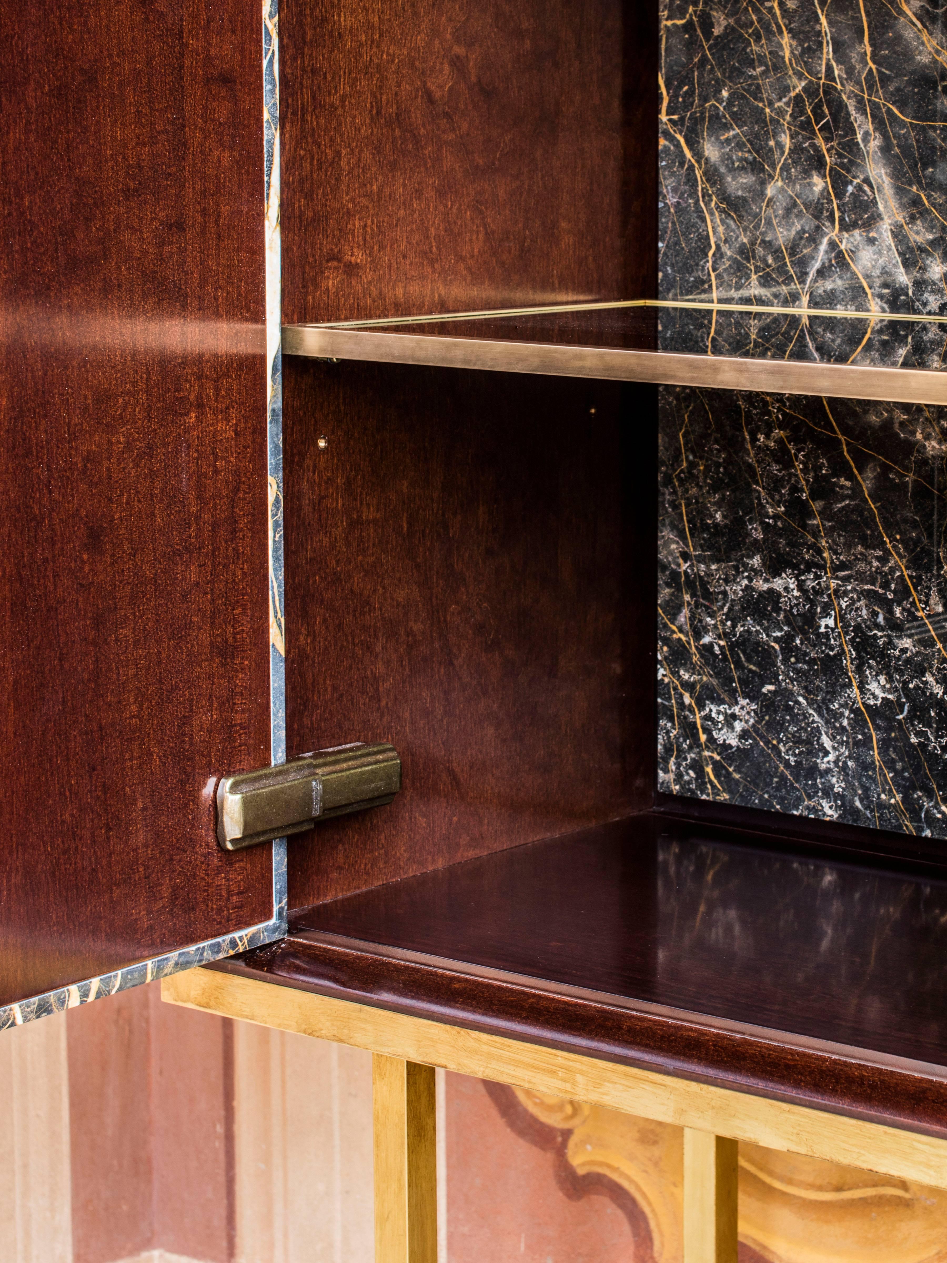 Hand-Crafted Bar Cabinet in Black Port Laurent Marble, Wood, Solid Brass