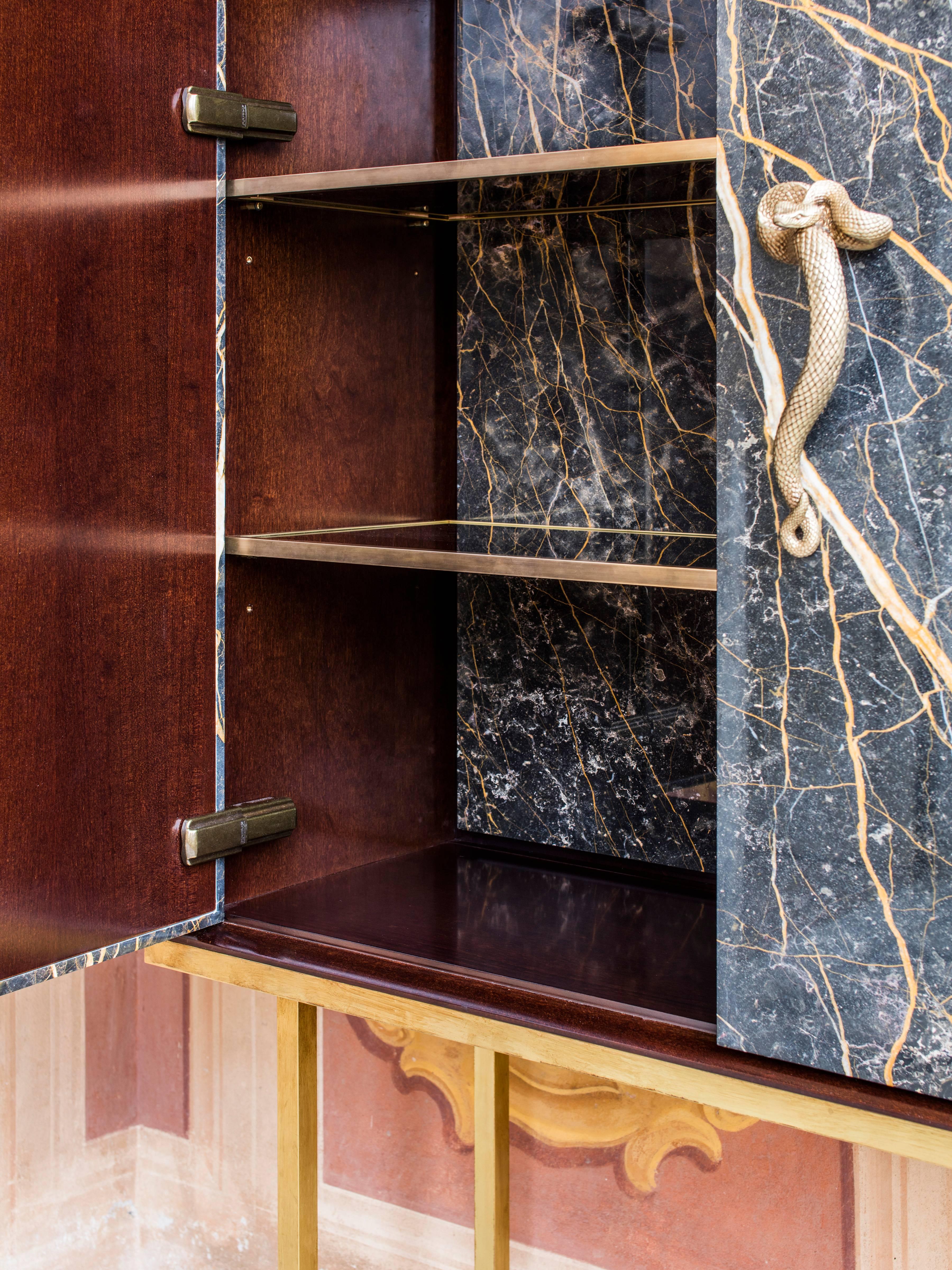 Contemporary Bar Cabinet in Black Port Laurent Marble, Wood, Solid Brass