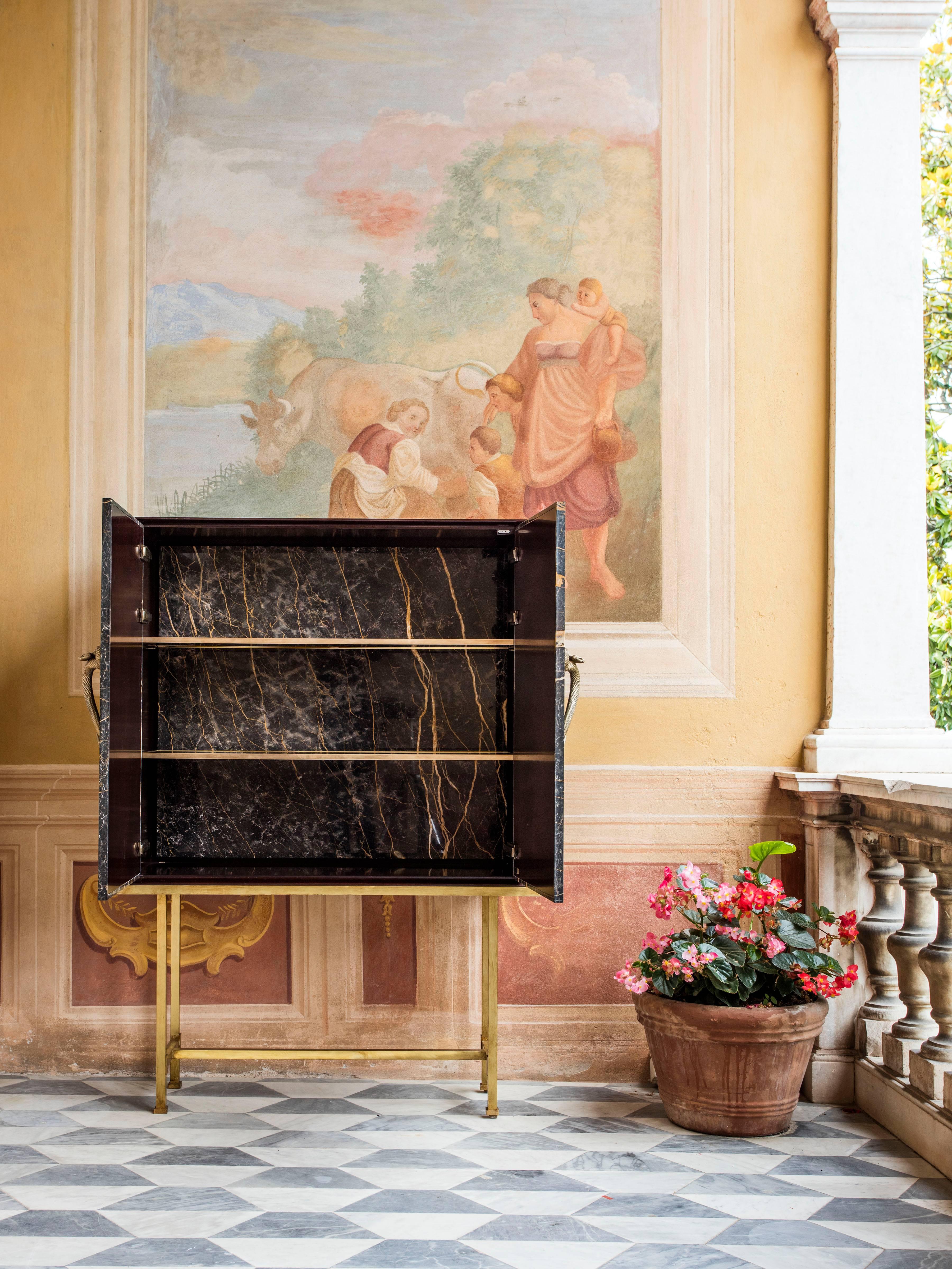 Italian Bar Cabinet in Paonazzo Marble, Wood, Solid Brass