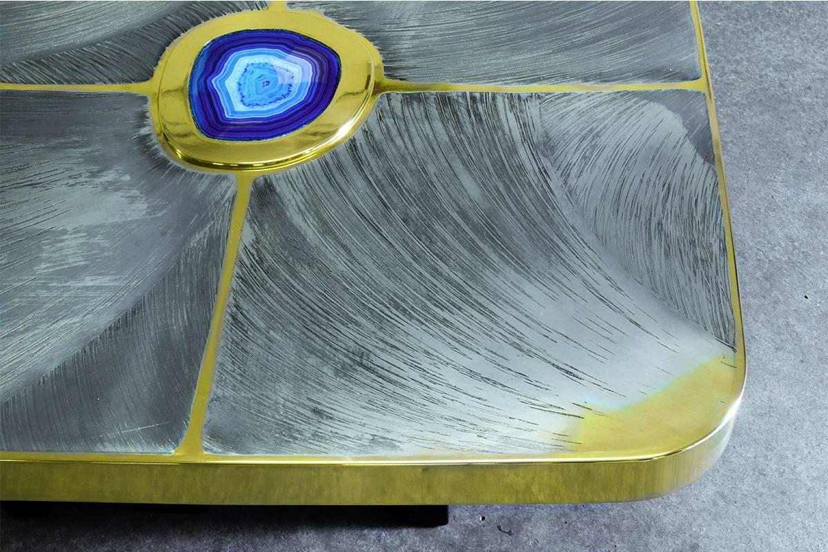 Modern Brass and Pewter Coffee Table with Blue Agate Stone 