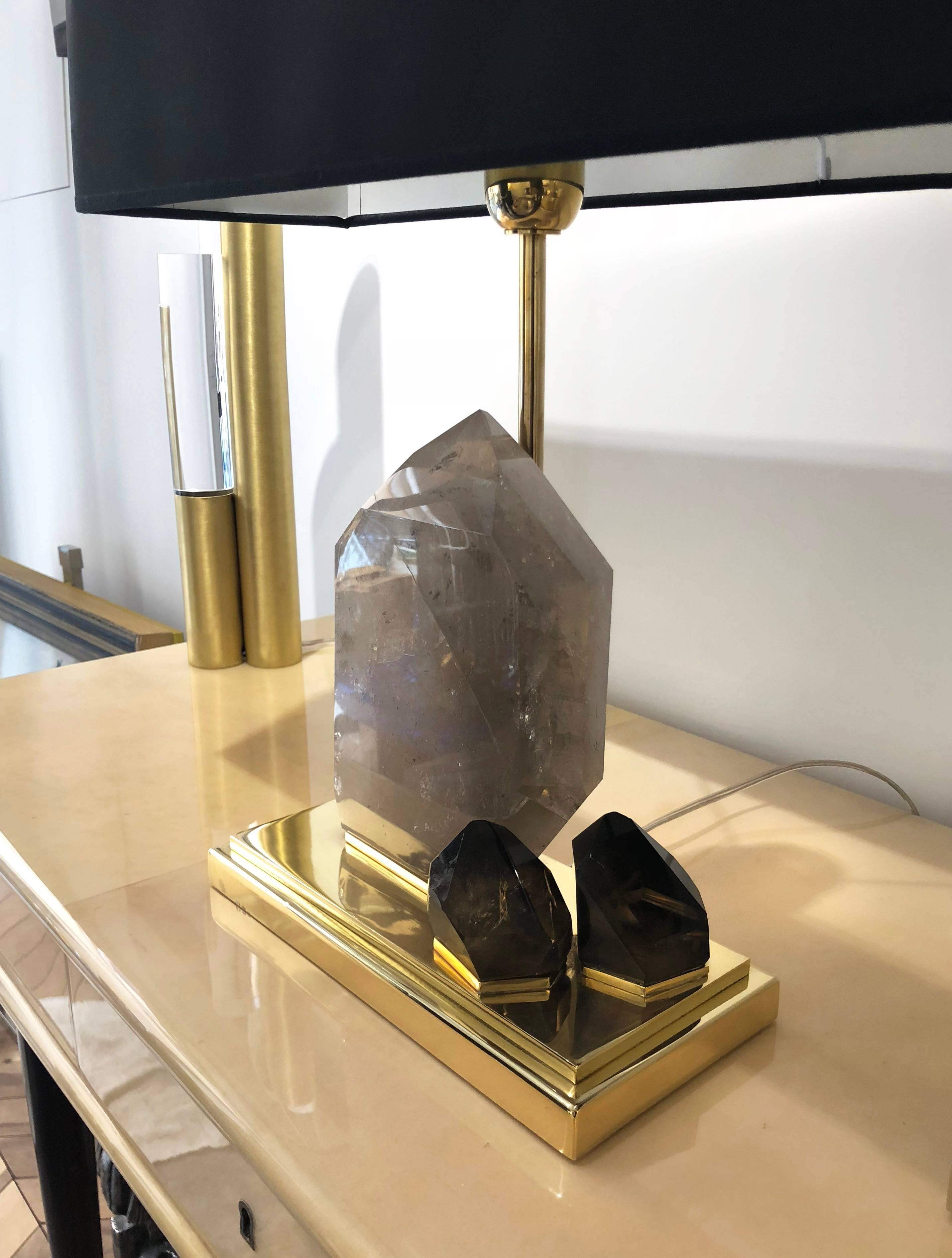 Mid-Century Modern Smoke Crystal Quartz and Brass Table Lamp