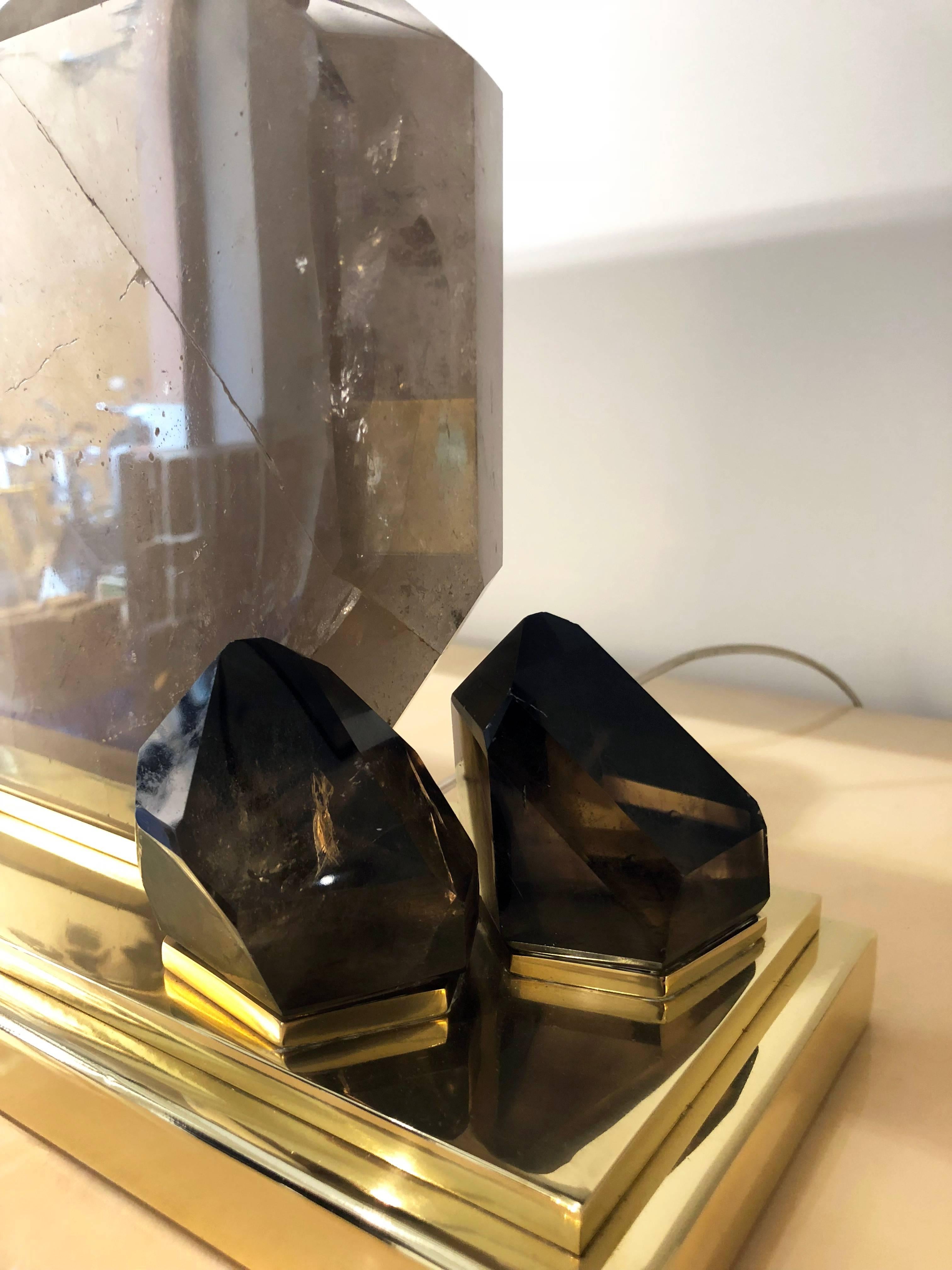 Italian Smoke Crystal Quartz and Brass Table Lamp