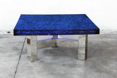 Blue Lucite and Murano Glass Coffee Table Nickel-Plated Brass Base "Riflessioni"