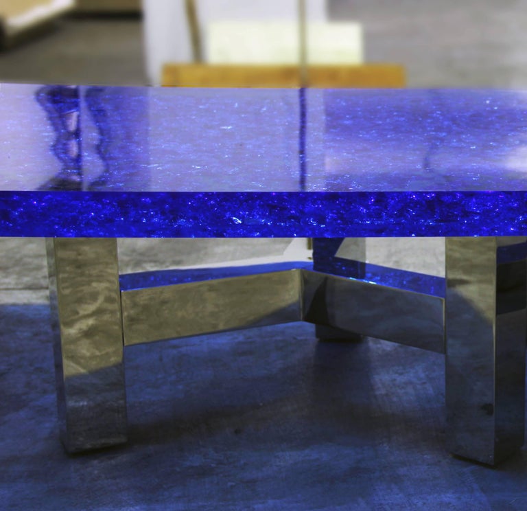Modern Blue Lucite and Murano Glass Coffee Table Nickel-Plated Brass Base 