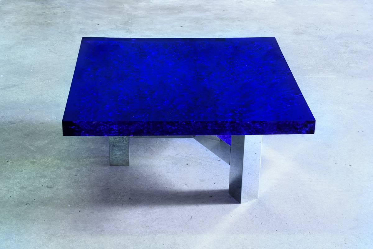 Blue Lucite and Murano Glass Coffee Table Nickel-Plated Brass Base 
