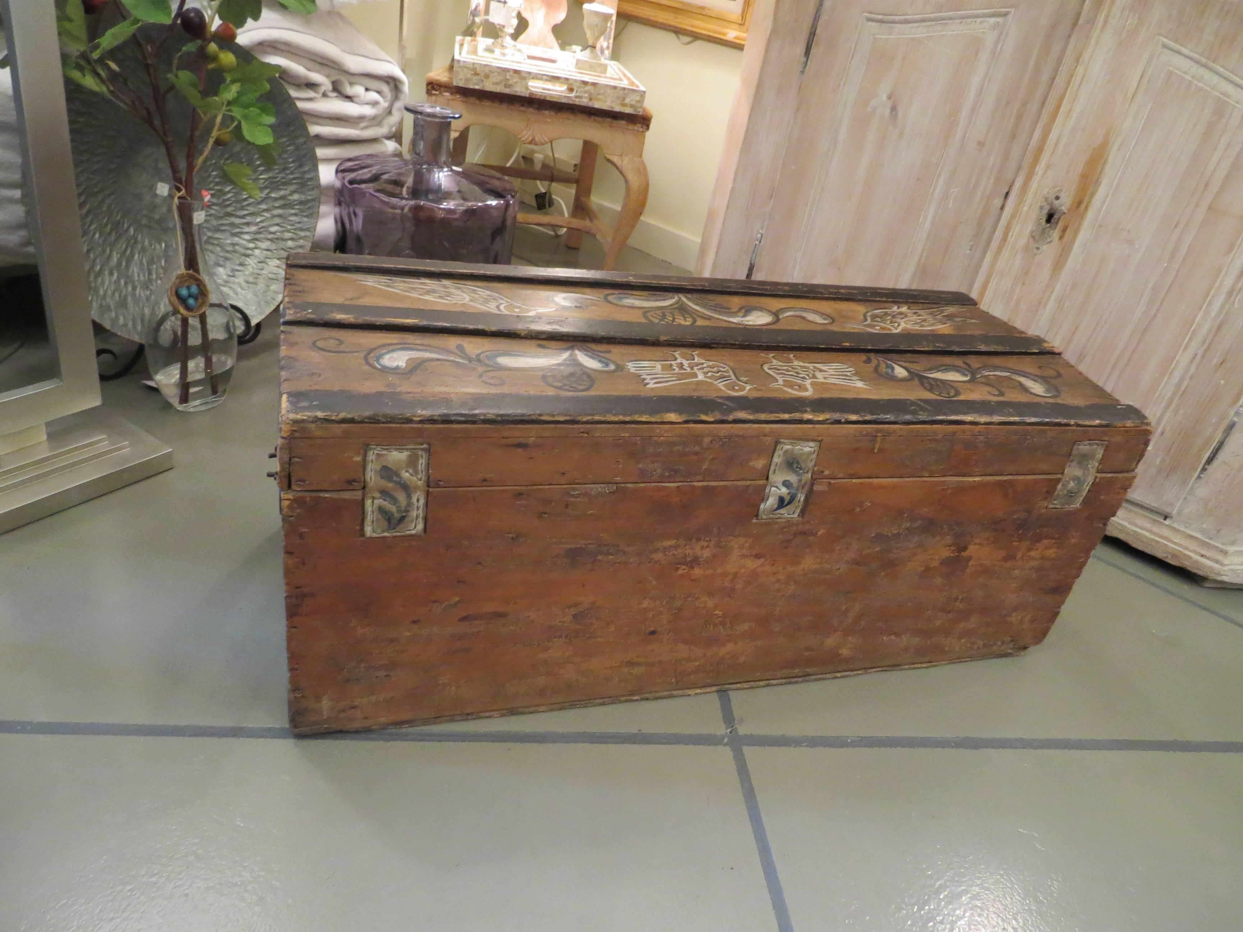 Hand-Crafted 19th Century Swedish Painted Wooden Folk Art Trunk