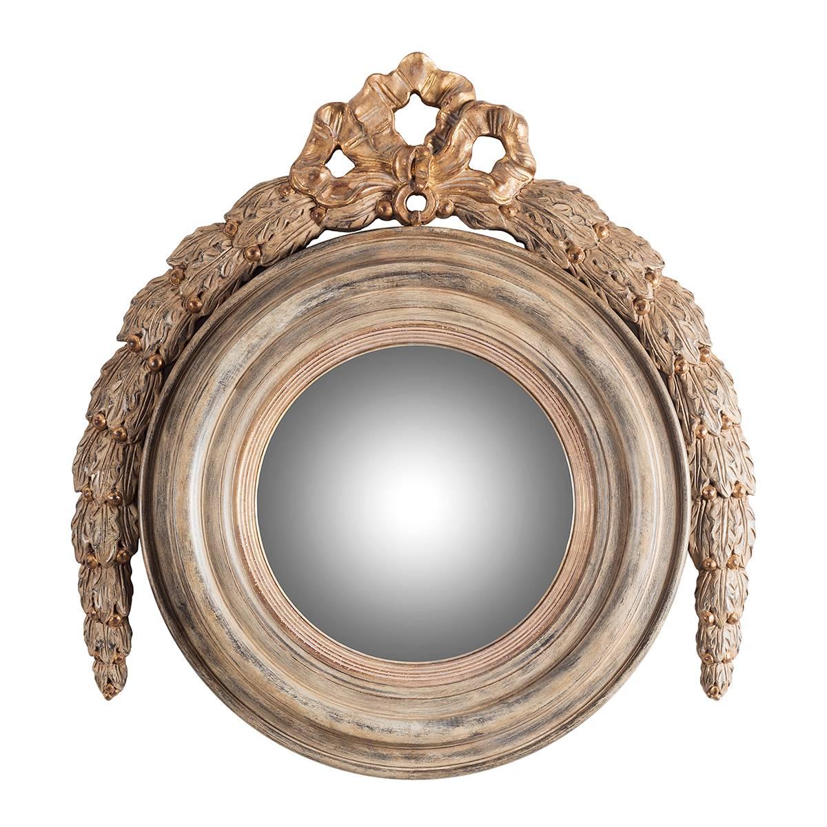 Large Round Wooden Mirror with Garland For Sale