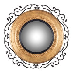 Large Round Wooden Mirror with Pearls Inlay and Curled Wrought Iron Decoration