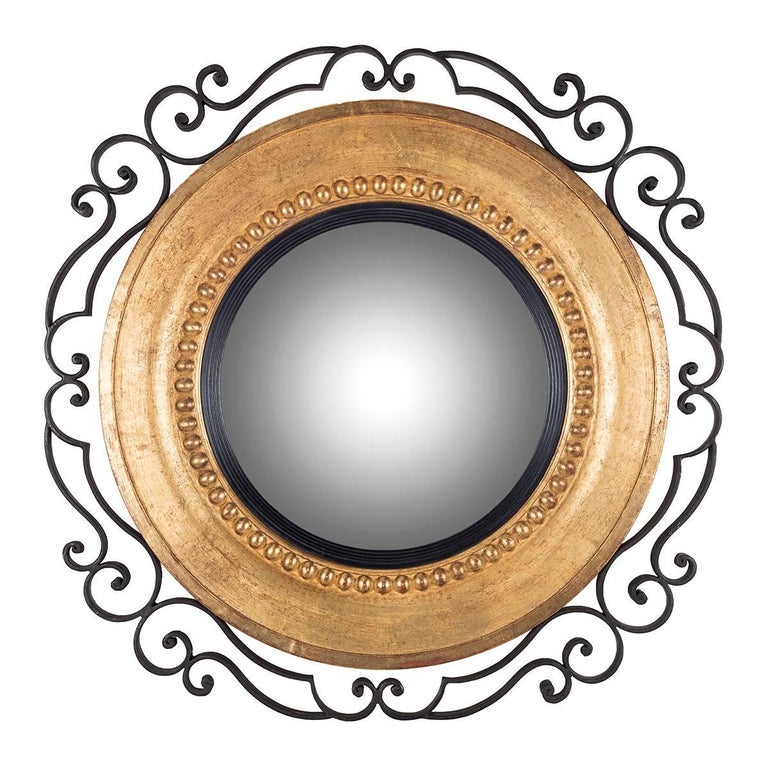 Large Round Wooden Mirror with Pearls Inlay and Curled Wrought Iron