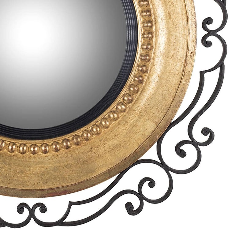 Large Round Wooden Mirror with Pearls Inlay and Curled Wrought Iron