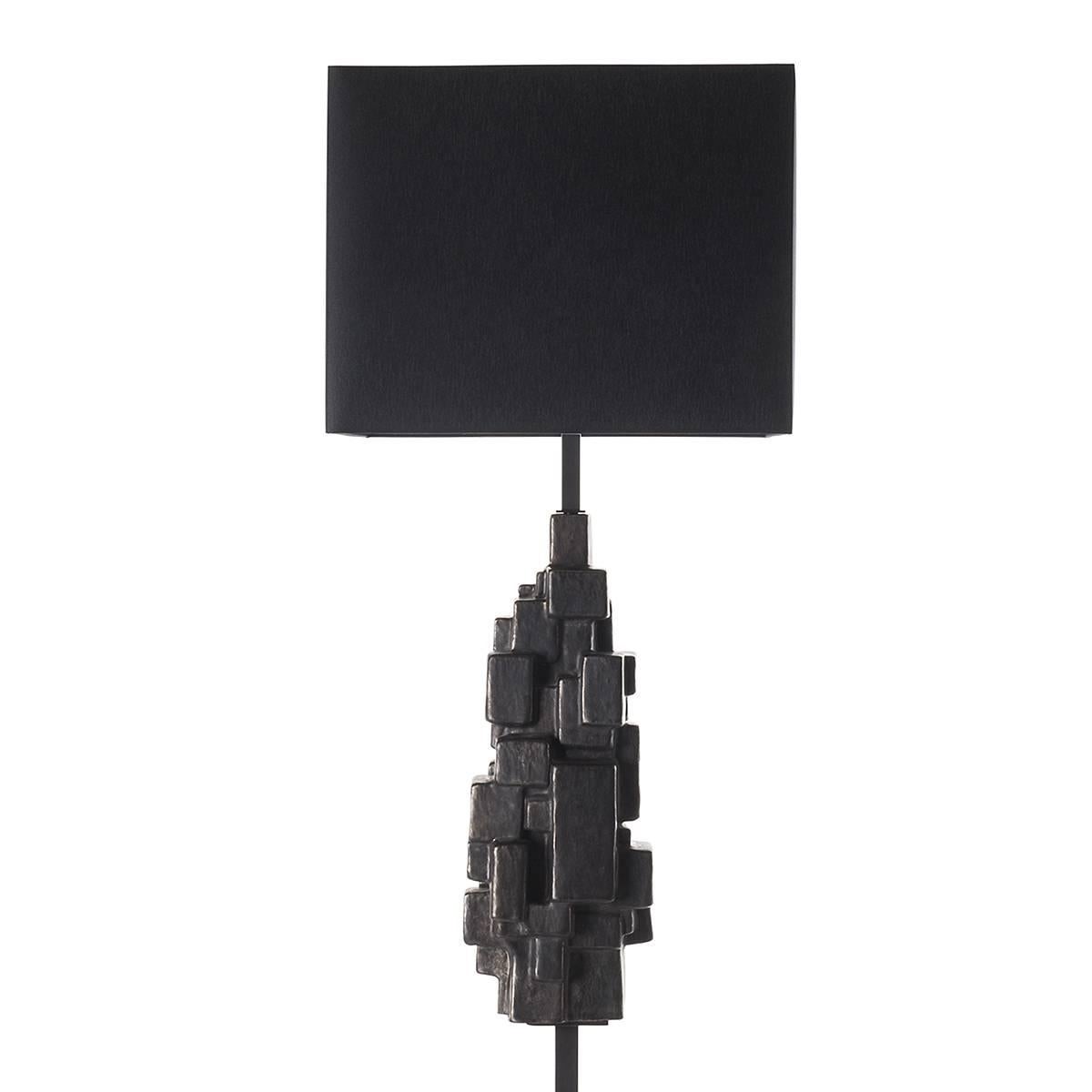 Sculptural ceramic floor lamp with shade.
Superb way to glam up the space. This ceramic is skillfully glazed in a lead finish for a Brutalist mood. The floor lamp is complemented by a square black fabric shade. Wired to your request, 1 x E27/E26