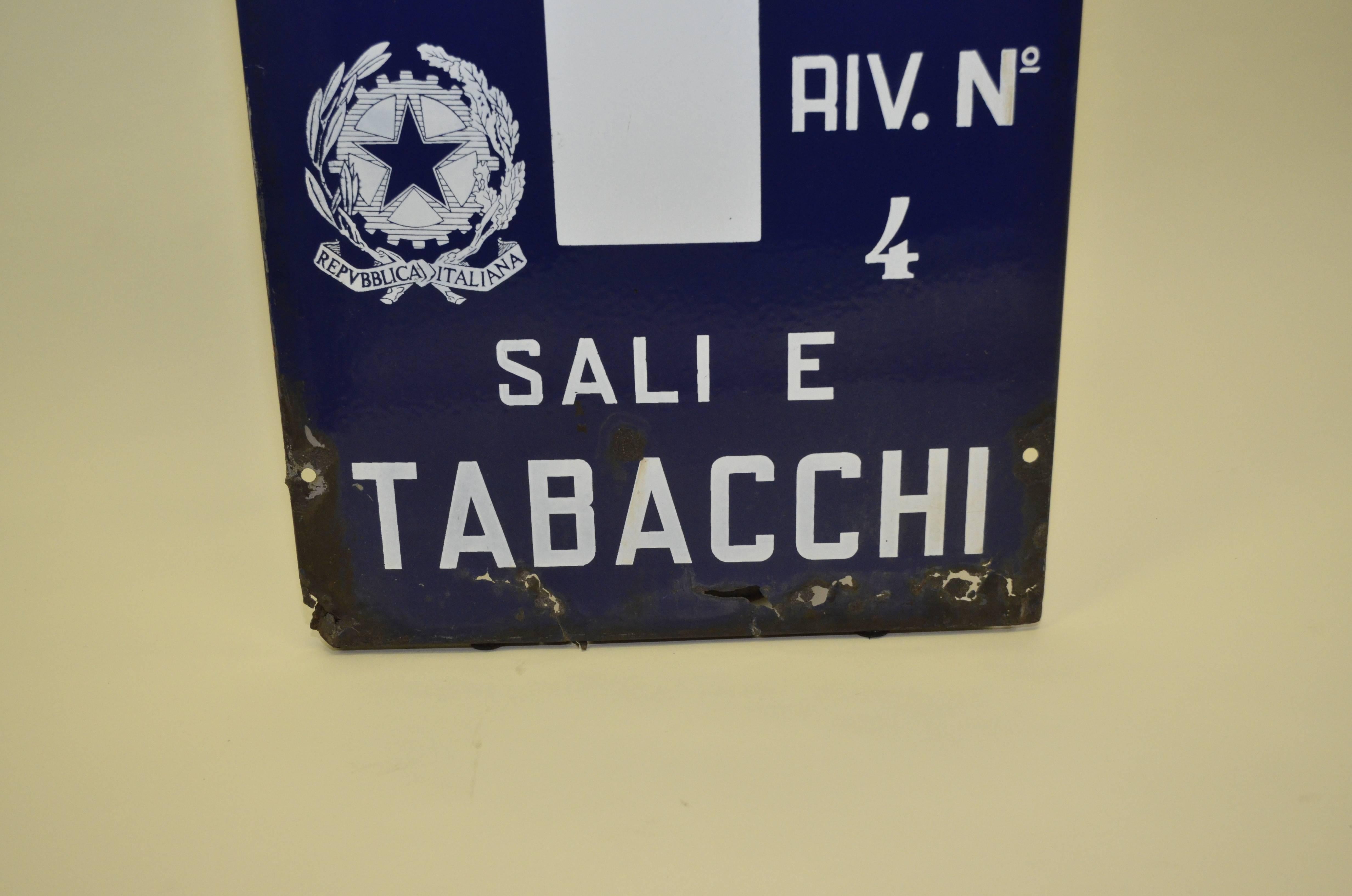 Industrial 1960s Blue and White Italian Vintage Enamel Tobacco Sign ‘Sali e Tabacchi’