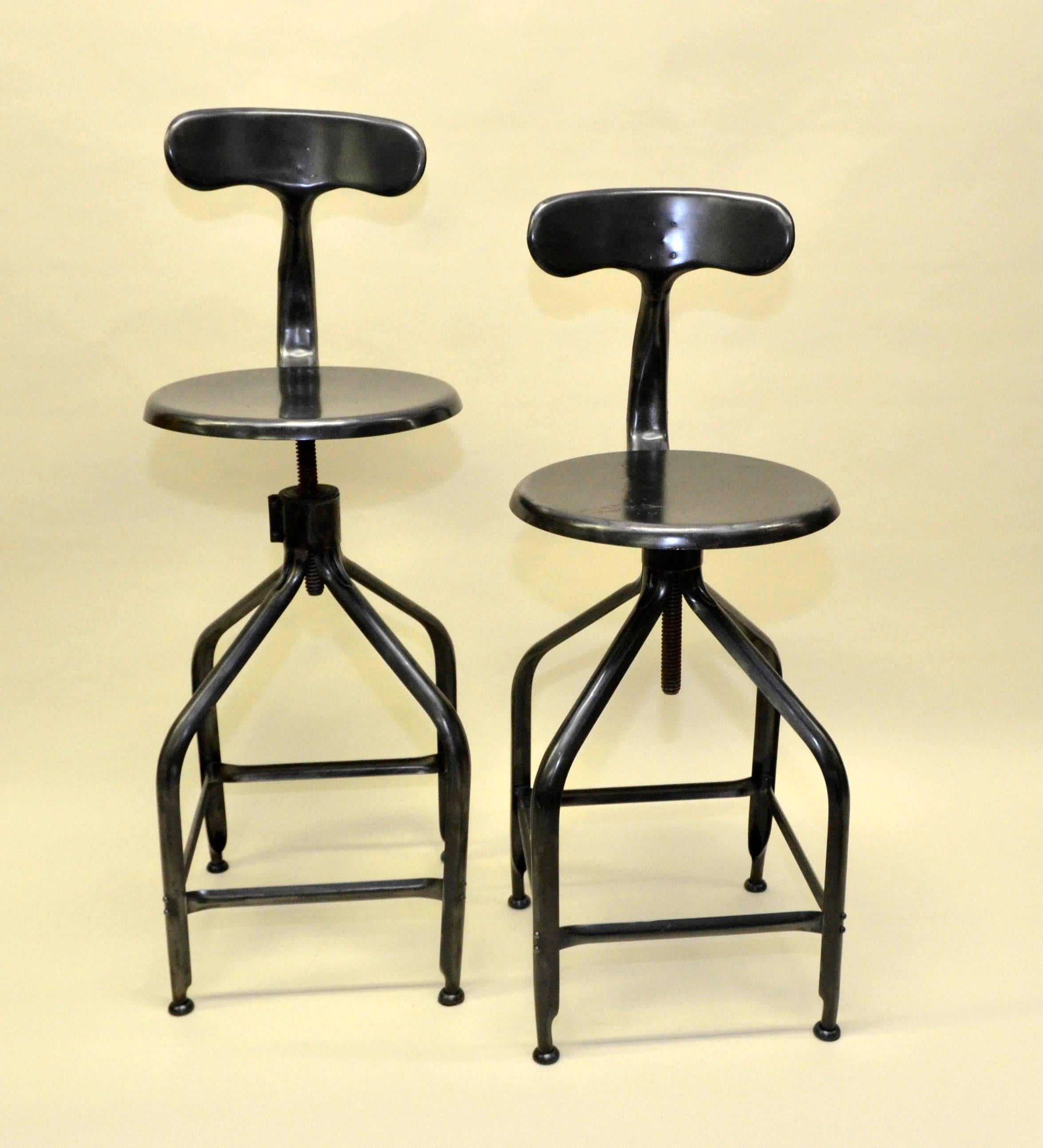 1960s French Nicolle Industrial Vintage Adjustable Metal High Stools For Sale 1