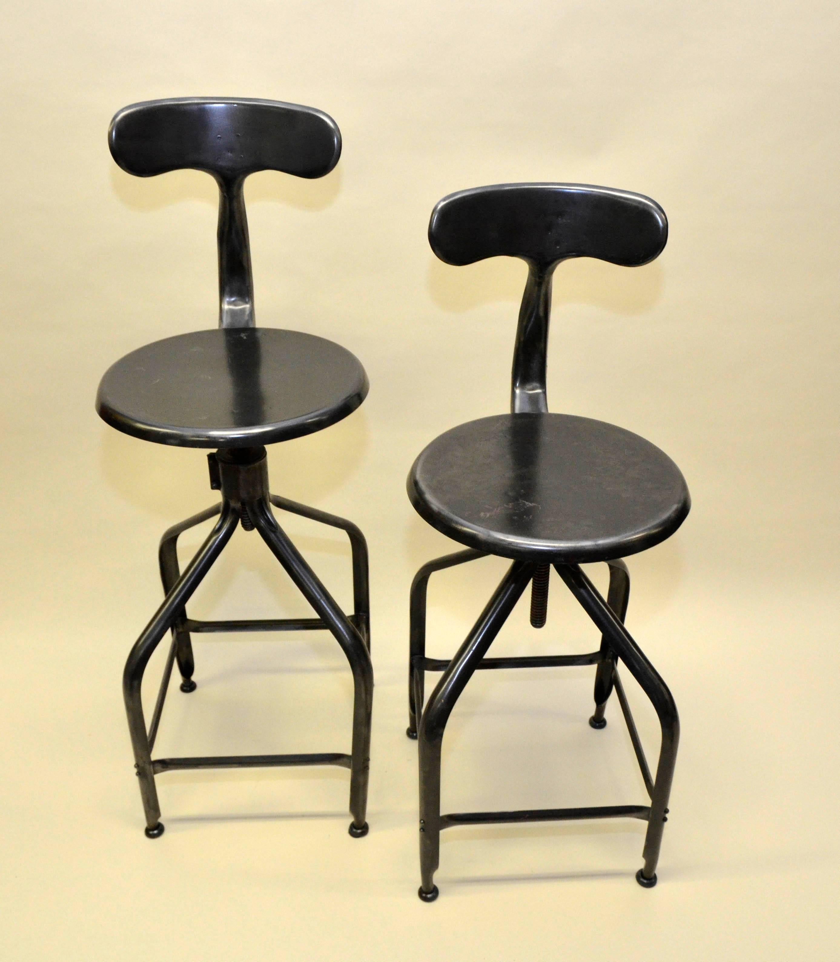 Mid-20th Century 1960s French Nicolle Industrial Vintage Adjustable Metal High Stools For Sale
