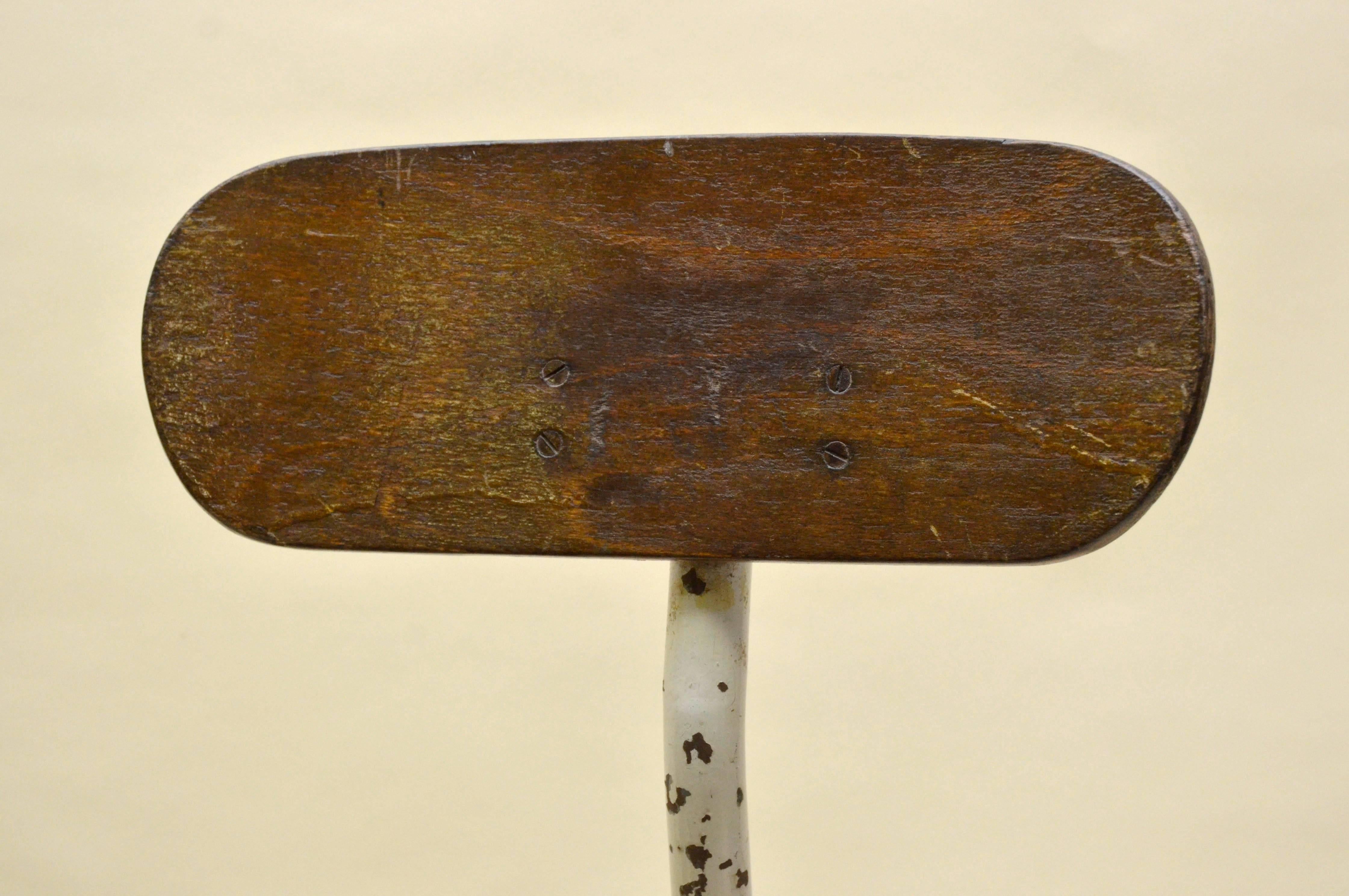 Mid-20th Century 1950s Flambo French Industrial Cream Metal and Wood Work Stool with Chair Back