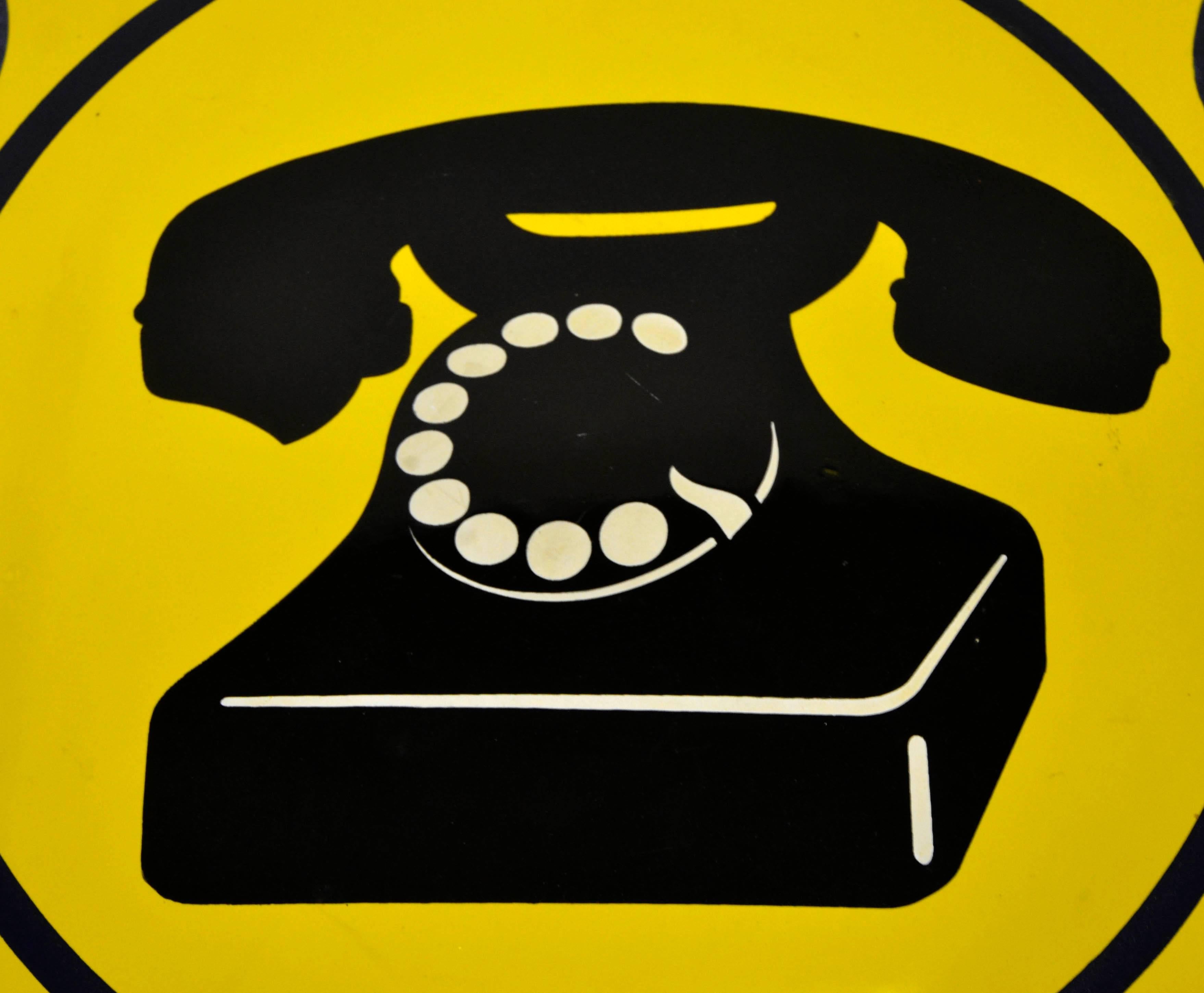 Mid-Century Modern 1960s Yellow Enamel Metal Vintage Italian Telephone Sign, Sip For Sale