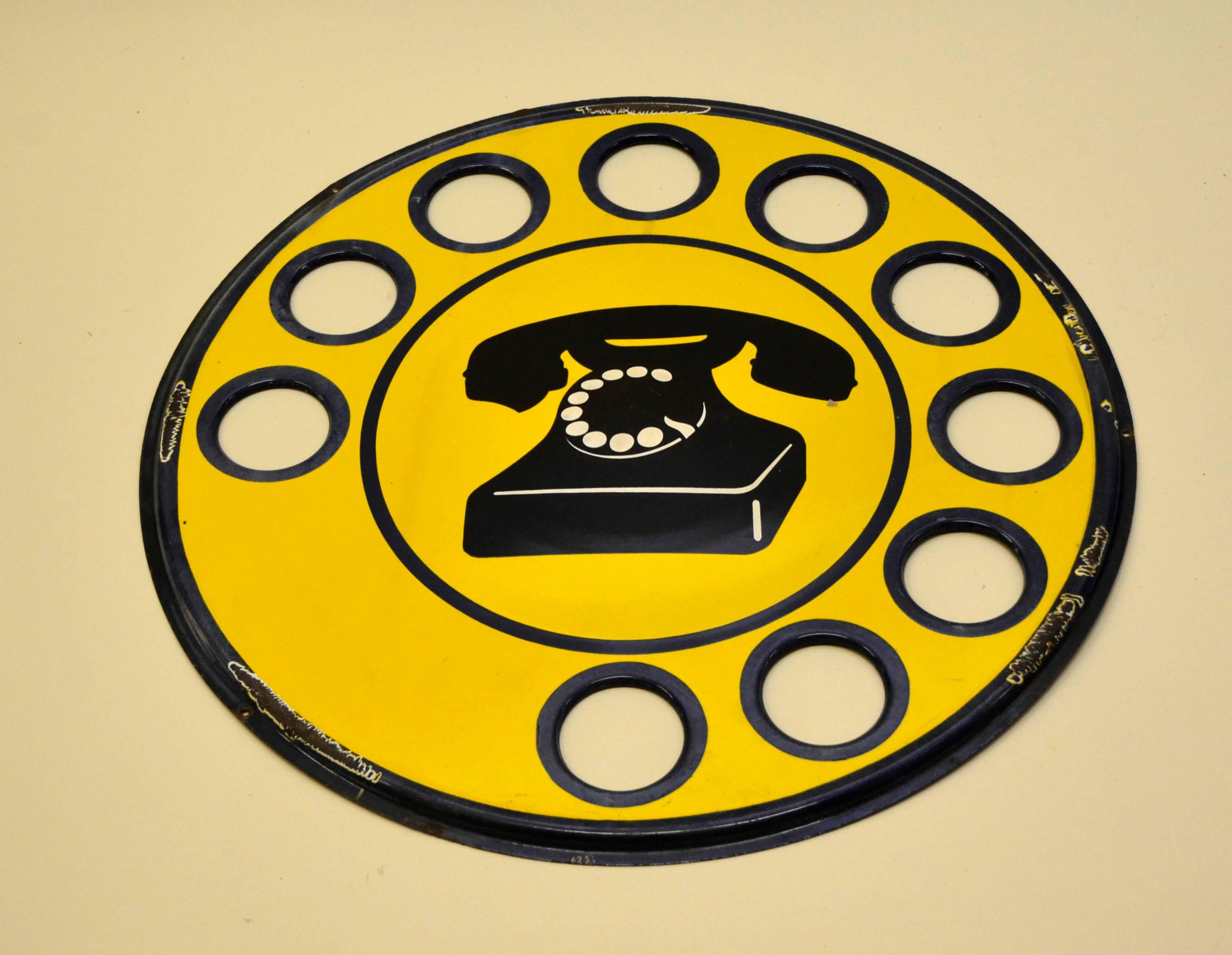 Mid-20th Century 1960s Yellow Enamel Metal Vintage Italian Telephone Sign, Sip For Sale