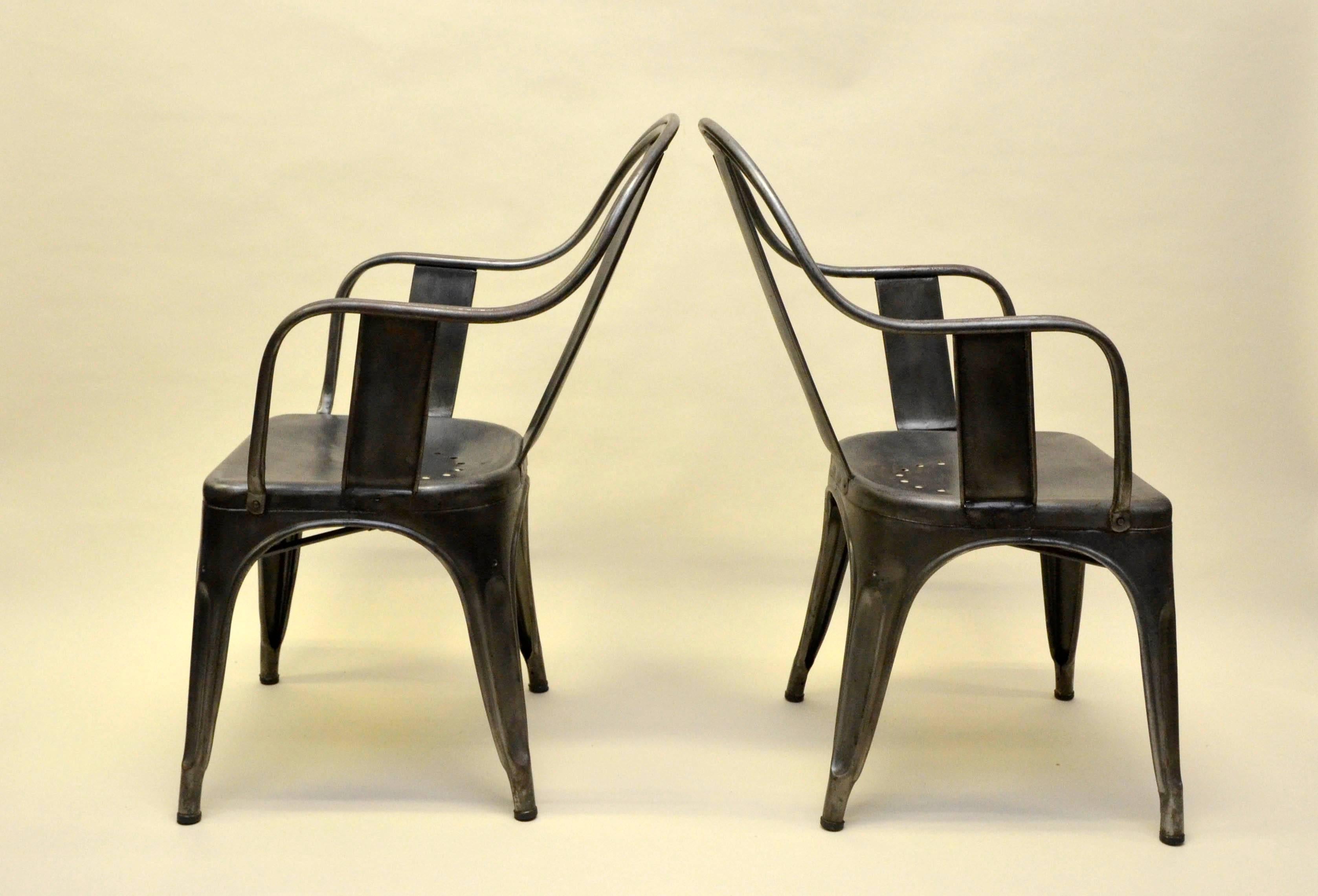 Industrial 1950s Xavier Pauchard Pair of Vintage Metal French Armchairs, Tolix For Sale