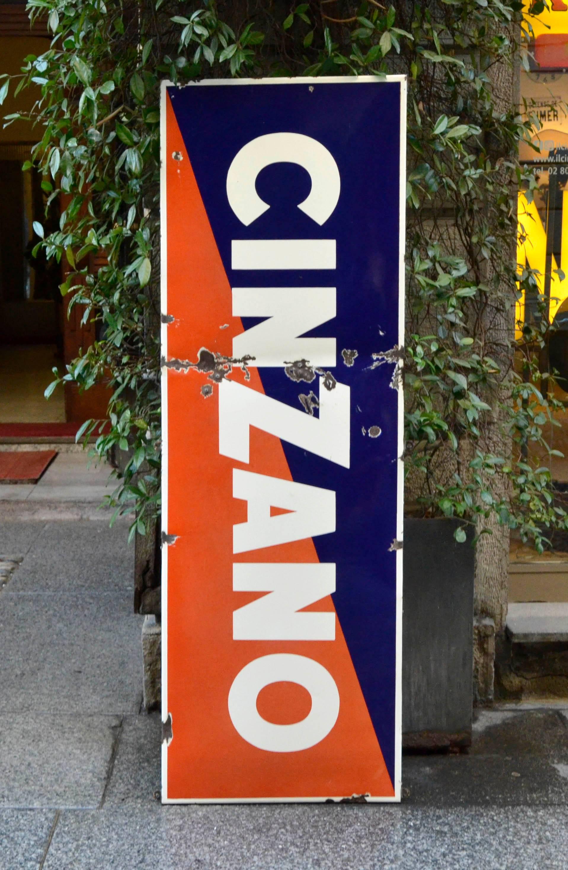 Mid-Century Modern 1950s Blue and Red Enamel Metal Cinzano Italian Sign