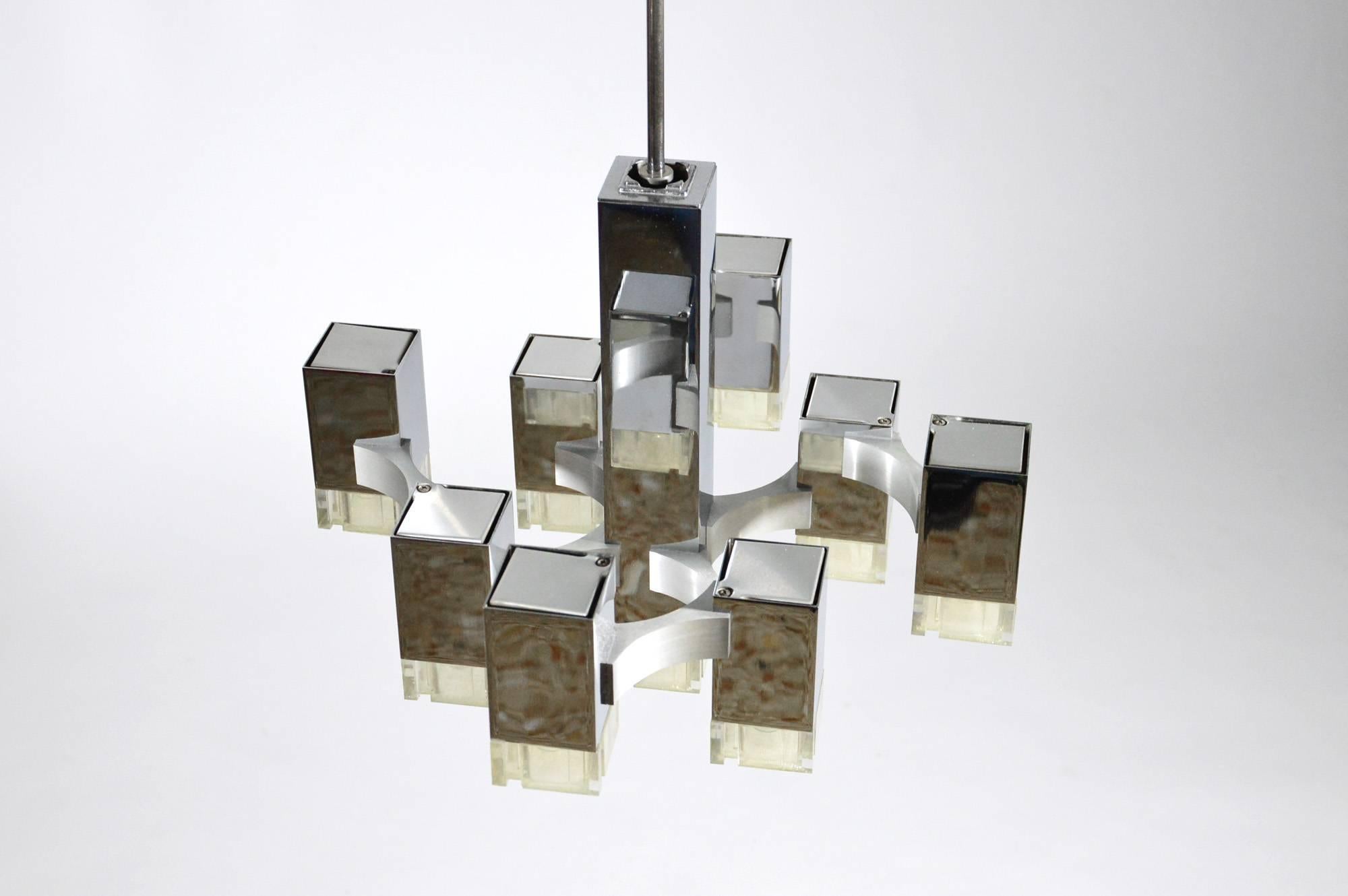 Modern Cubic Chandelier by Gaetano Sciolari, Chromed and Brushed Metal and Lucite, 1970