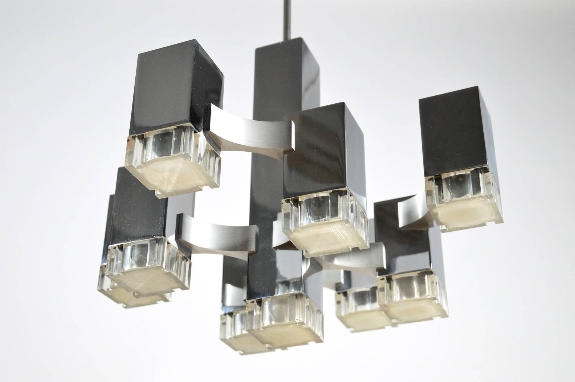 Cubic Chandelier by Gaetano Sciolari, Chromed and Brushed Metal and Lucite, 1970 In Good Condition In Rome, IT