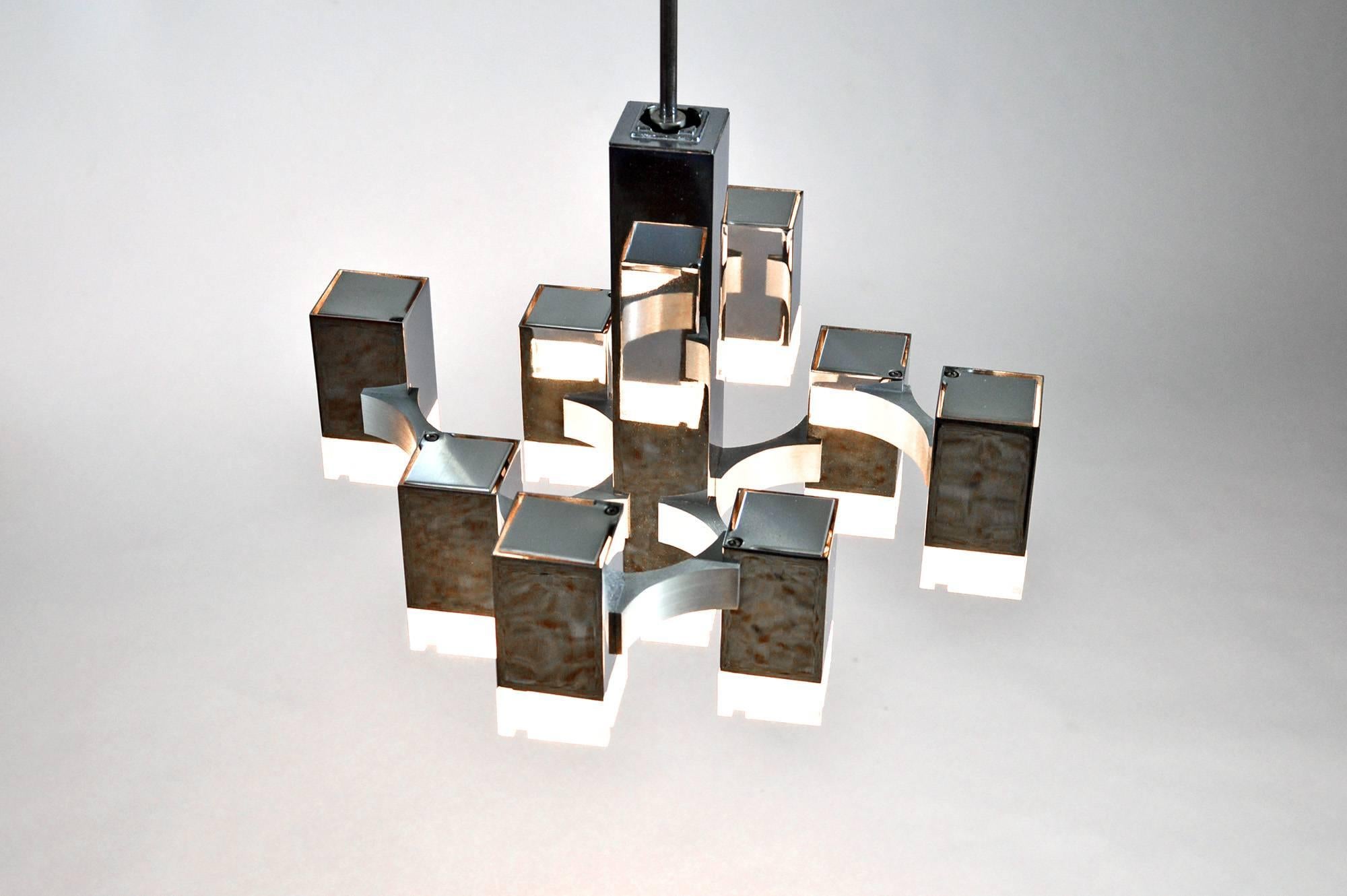 Italian Cubic Chandelier by Gaetano Sciolari, Chromed and Brushed Metal and Lucite, 1970