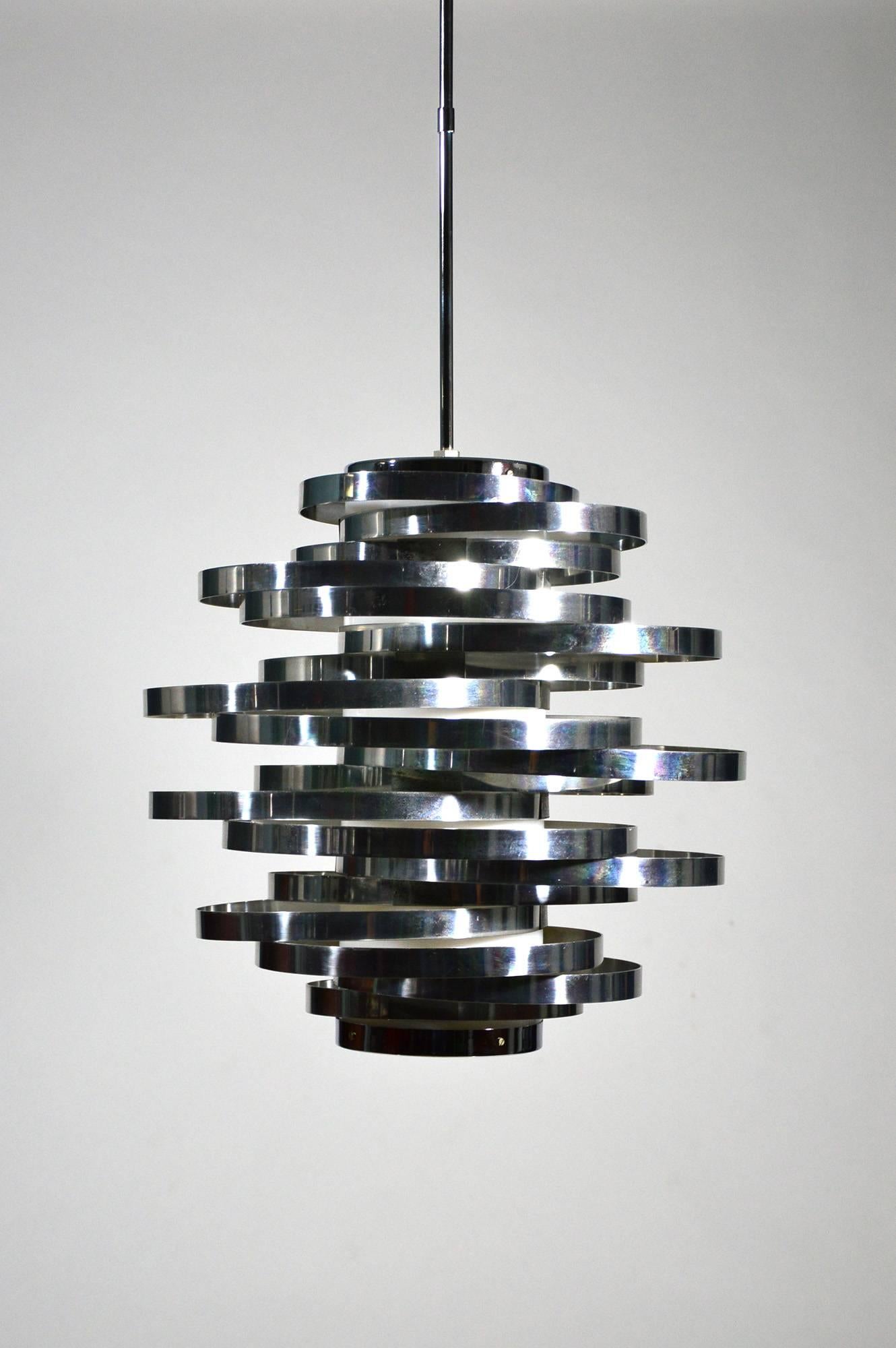 Modern Cyclone Chandelier by Gaetano Sciolari, Polished Aluminium and Lucite, 1970s