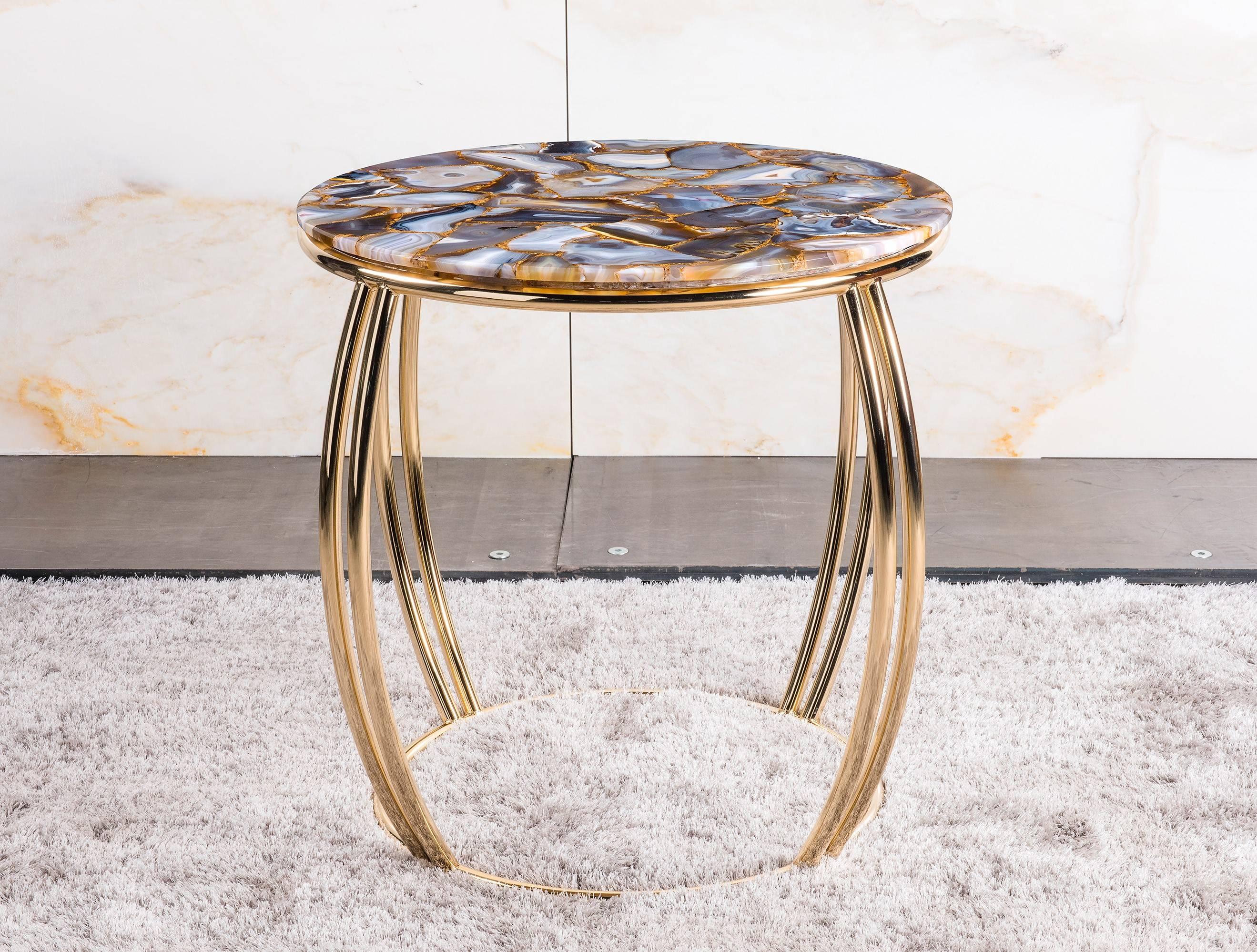 Organic Modern Side Table Model Arco, Agate Rubane Top and Massive Stainless Steel Base For Sale