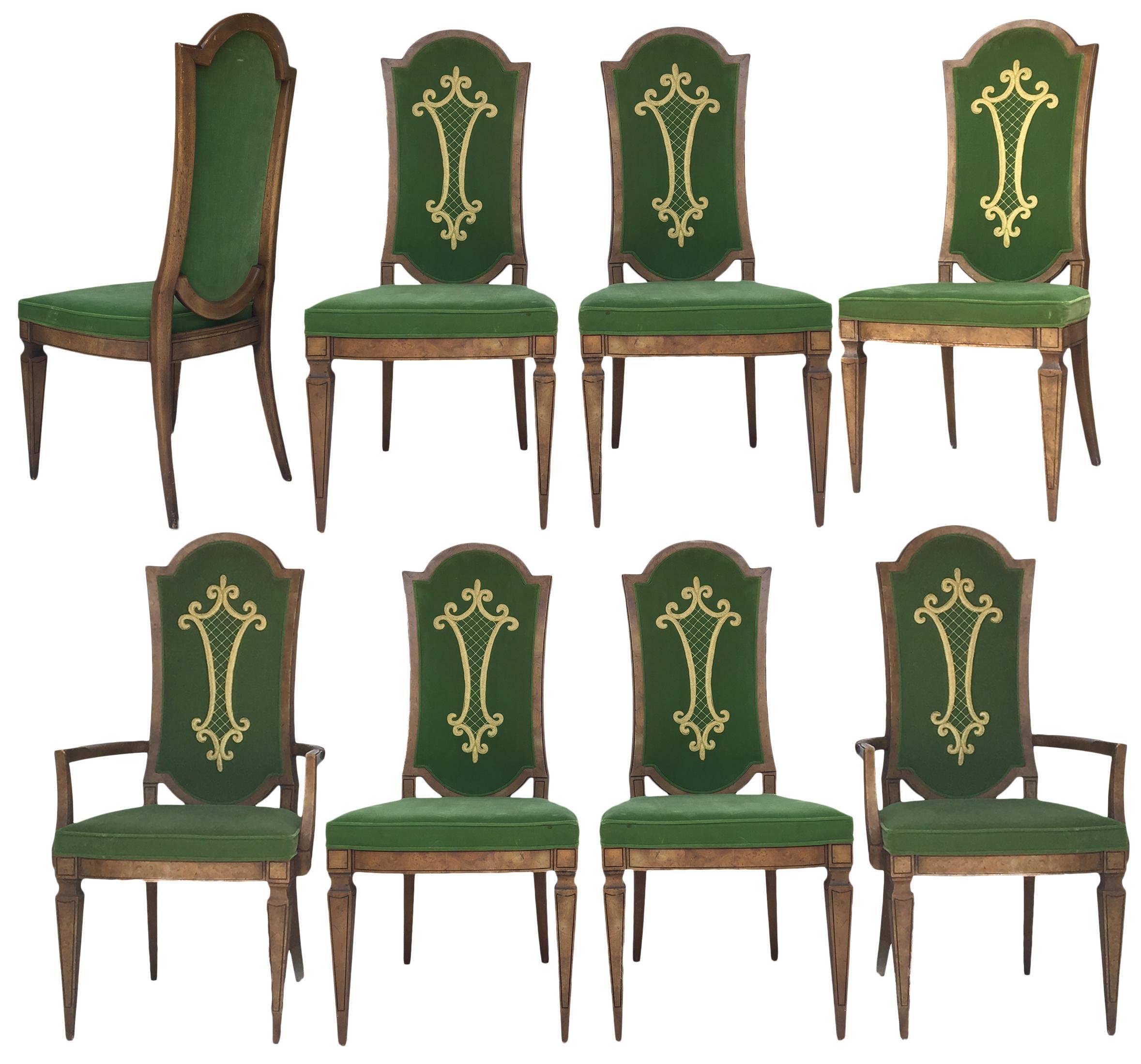 Dorothy Draper for Heritage Green Velvet Embroidered Dining Chairs