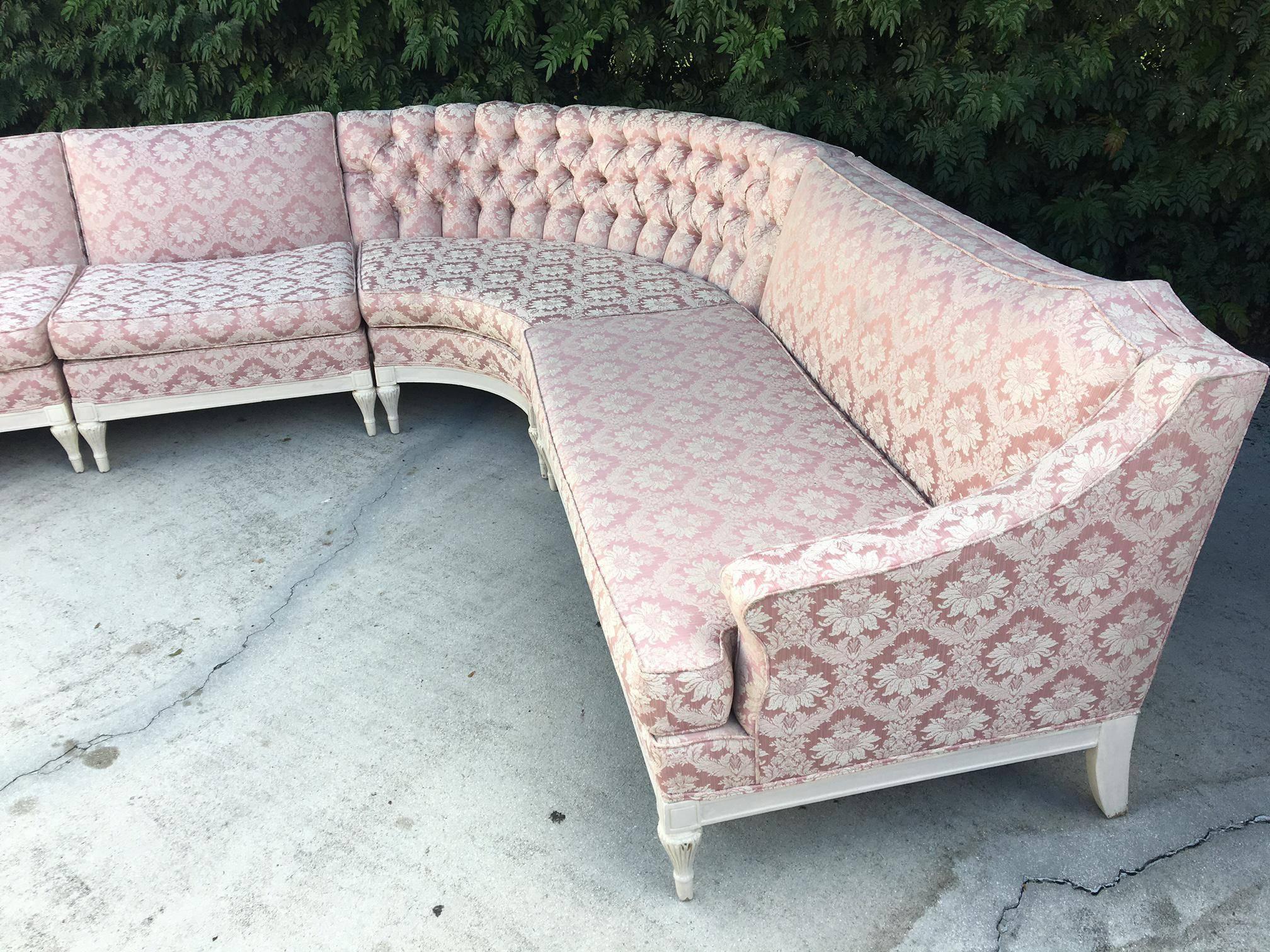 Mid-20th Century Four Piece Hollywood Regency Pink Damask Tufted Sectional Sofa