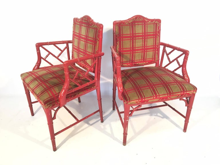 Red Faux Bamboo Chippendale Dining Arm Chairs For Sale at 1stdibs