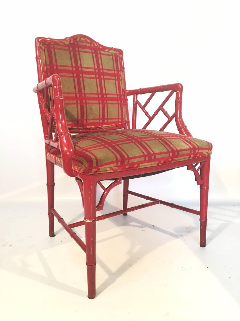 Red Faux Bamboo Chippendale Dining Arm Chairs For Sale at 1stdibs