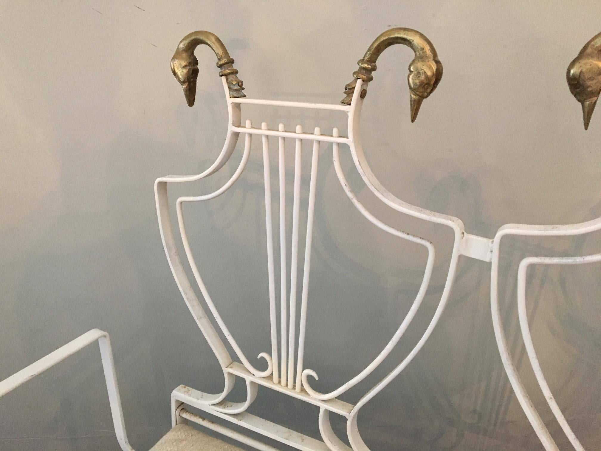 Hollywood Regency Samuel Copelon Lyre Back Regency Swan Head X-Form Wrought Iron Bench