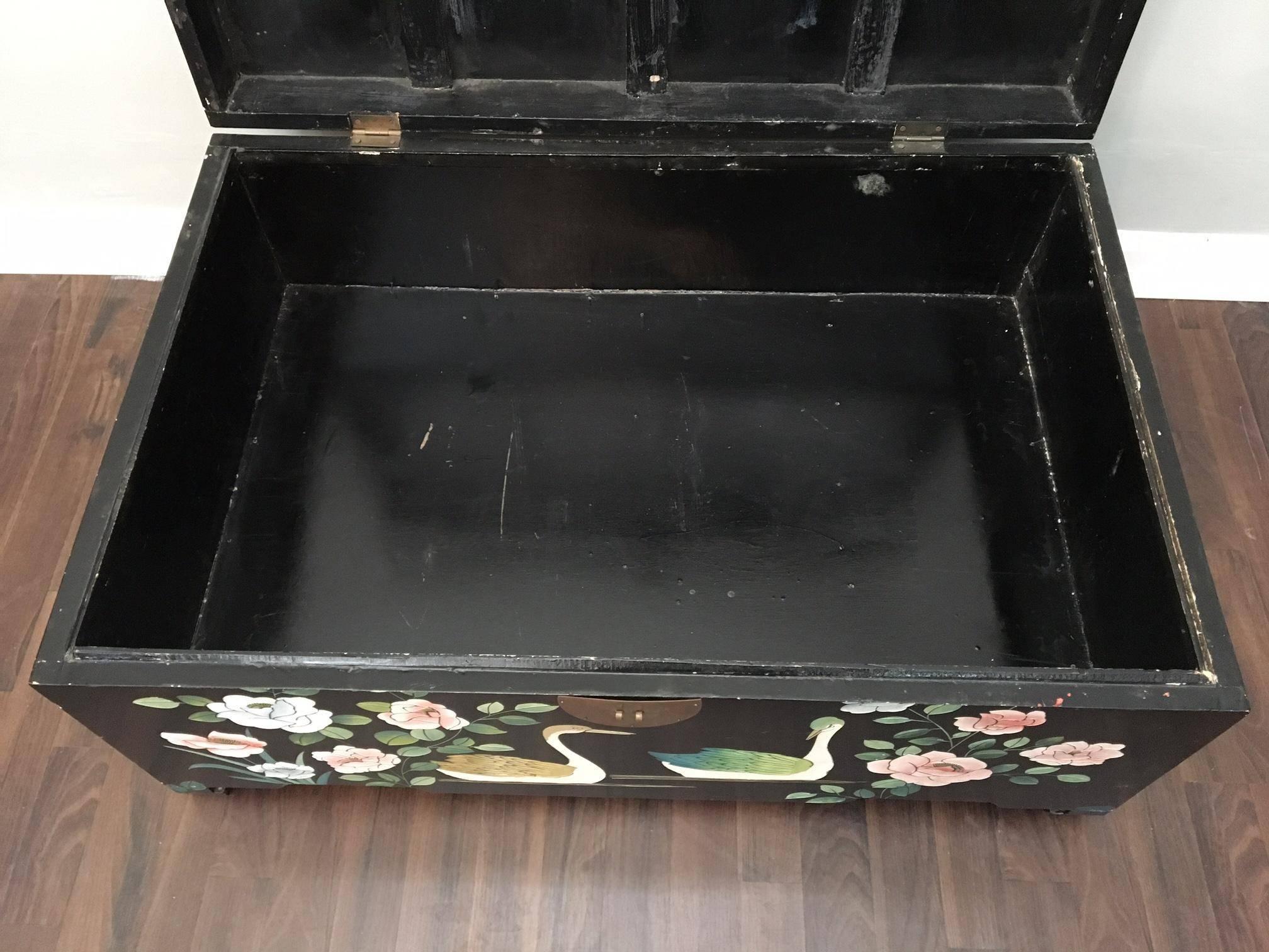 Mid Century Asian Chinoiserie Hand Painted Trunk 1