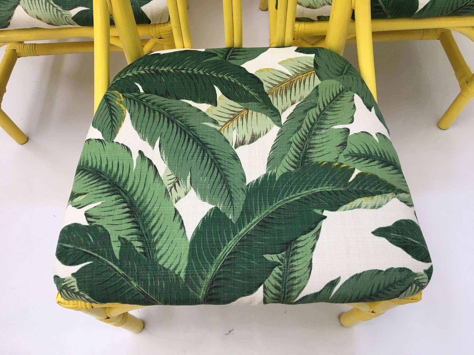 Late 20th Century Tropical Banana Leaf Print Bamboo Rattan Dining Chairs by Henry Link