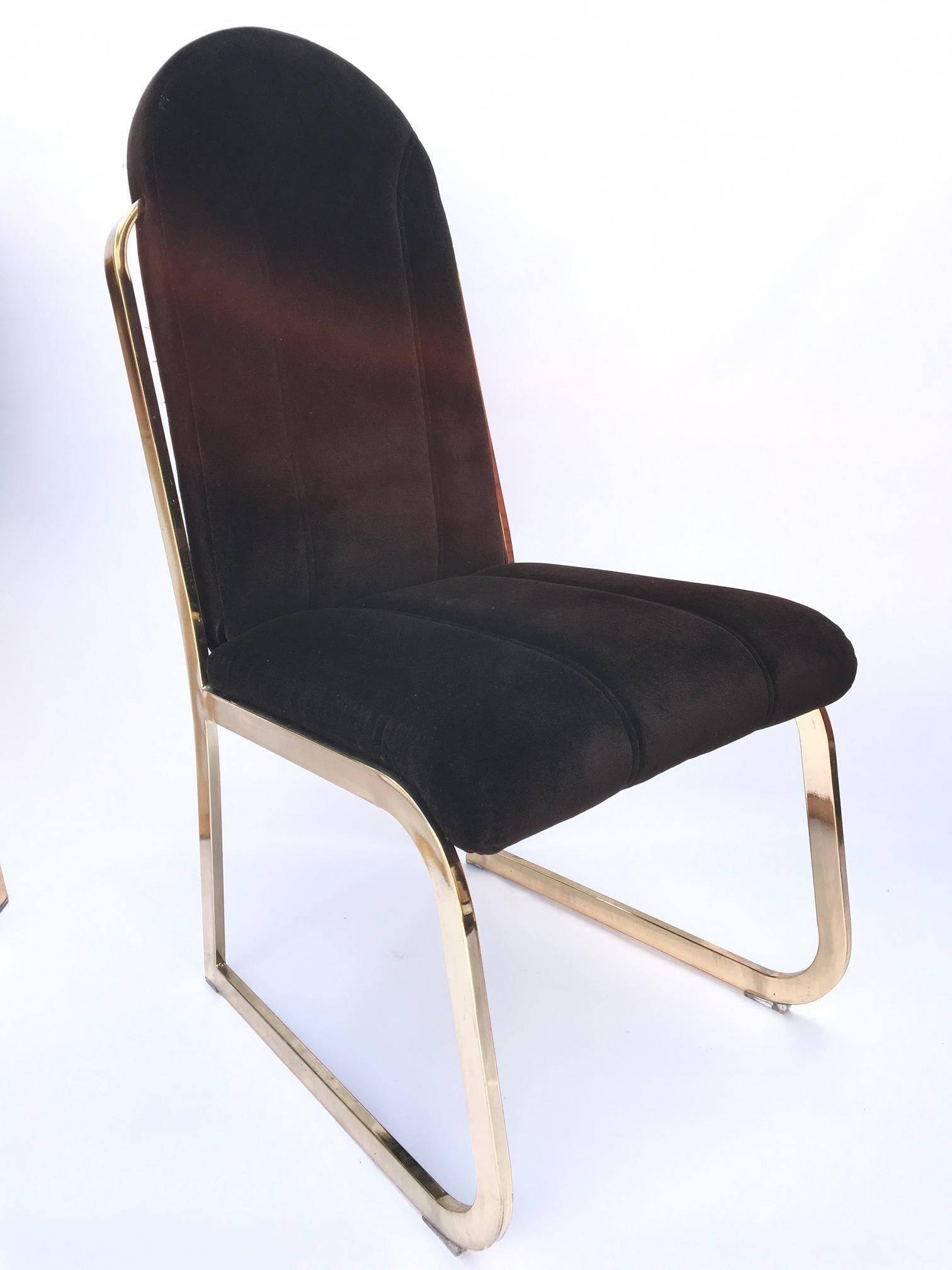 Set of six vintage Chromcraft dining chairs in the manor of Milo Baughman feature a heavy brass frame and brown velvet upholstery. Thick and comfortable seat and back with accent stitching. Excellent vintage condition. Brass has minor marks