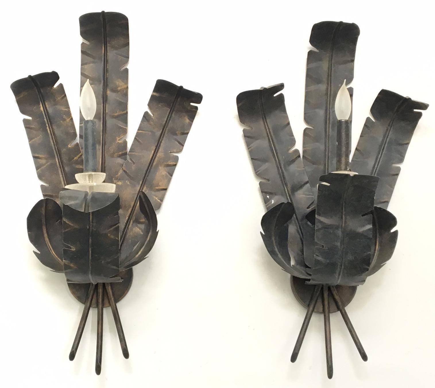 Late 20th Century Pair of Large Tole Metal Banana and Palm Leaf Wall Sconces