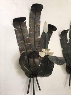 Pair of Large Tole Metal Banana and Palm Leaf Wall Sconces