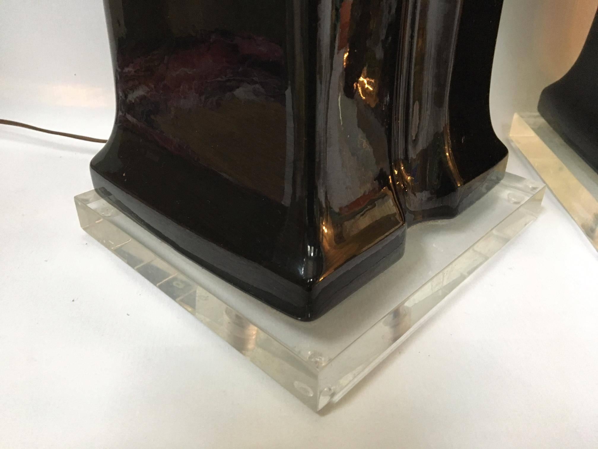 Pair of Art Deco Black Ceramic and Lucite Waterfall Table Lamps 3